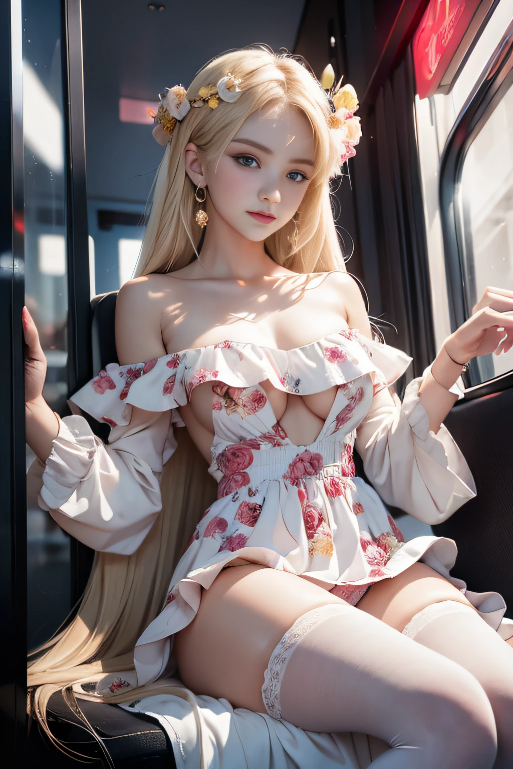((Girl sitting on train seat)),bright expression、Young shiny shiny white shiny skin、Best Look Rondo Reflective Light、Platinum blonde hair with dazzling highlights、shiny light hair,、Super long silky straight hair、Beautiful bangs that shine、Glowing crystal clear attractive big blue eyes、Very beautiful nice cute 16 year old girl、Lush bust,Beautiful detailed eyes, beautiful detailed nose,(( Full body:1.5)),Makeup that the eyes emphasize、Royal style，Comic style, , Sub-surface scattering, ornate detail, nature backdrop, Supergianthugebreasts, ((Cinematic)), Dramatic Lighting, masutepiece、((Floral dress isolated on off-shoulder white background:1.4))、(Loose and fluffy perm:1.4)、1 girl in、((Bob Hair:1.3))、Ultra realistic 8K CG, 絵のようにflawlessな顔, flawless, clean, masutepiece, Professional artwork, famousartwork, Perfect face, Beautiful face, Beautiful eyelawlessな女性のボディ)), Solo,(Immersive atmosphere, Chiaroscuro:1.5,Bright light:1.2,Luminous lighting),(blush:0.5),fascinated expression,Extremely detailed_Eyes,thick thighs,Large,beautifullydetailedbackground,depth of fields,Realistic:1.3, longshot,Sitting, Full body, (ambient lights:1.3),(Cinematic composition:1.3),(Neon light:0.1),(nffsw:0.1),Accent Lighting, pantyhose,((Outside the window, Hazy skyscrapers))、((The erection))、(Puffy eyes:1.２)、 (Slim legs),(Light shines on the face and chest)、(((((underboob)))))、Lower breast、Oily skin、skinny、 (the underside of the chest is slightly visible),(目に見えるLower breast、I can see your belly button and ribs)、Hip bones and lower abdomen are visible、Dark blue flared skirt、(lift up skirt）,((White T-back panties visible)),