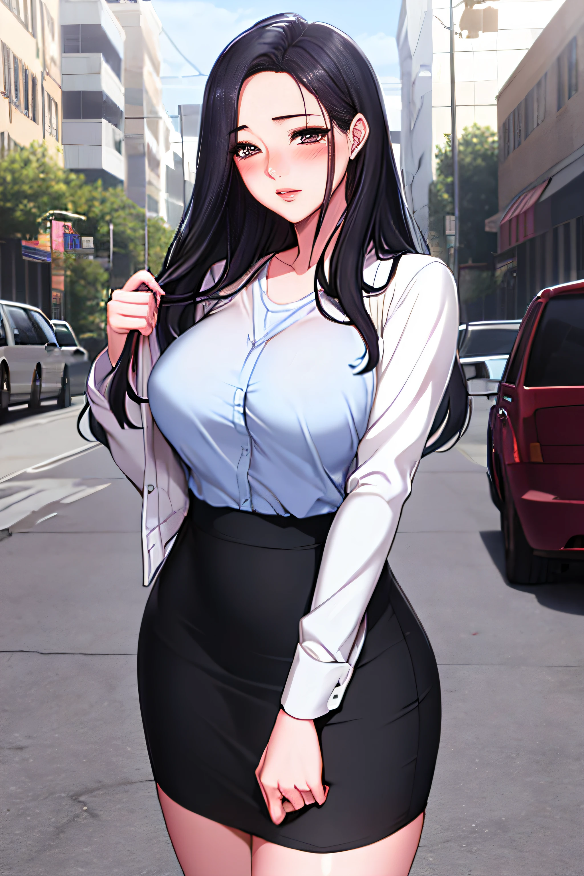 (8K, RAW photogr, Best quality, tmasterpiece:1.2),1个Giant Breast Girl,only,a matural female,long whitr hair,brunette color hair, nedium breasts,décolleté,white  shirt,pencil skirts,black pantyhoses,En plein air,looking at viewert,Permanent, Be red in the face, drunk