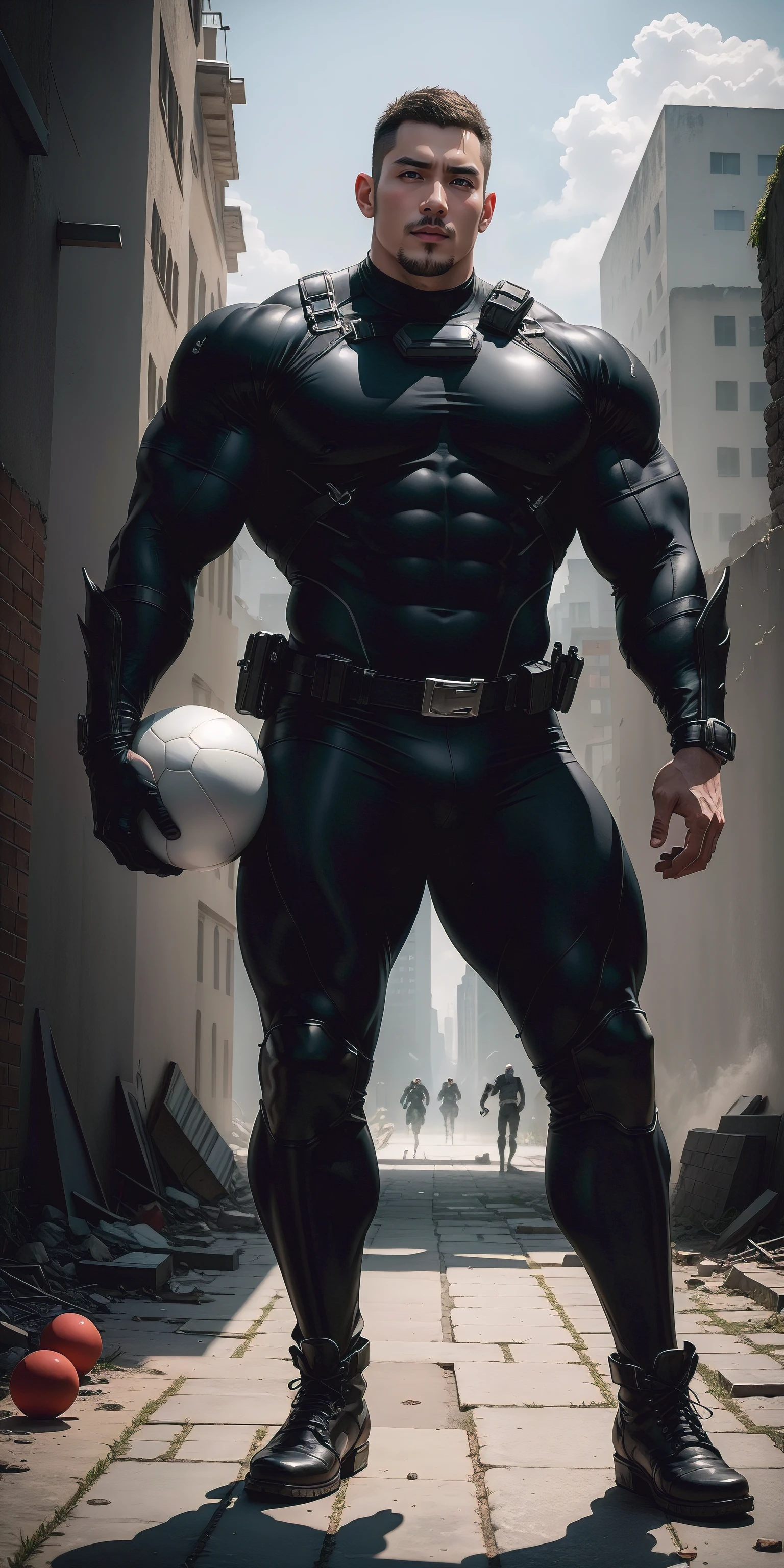 A tall, muscular man 2 meters tall opened his mouth and shouted.,In the ruins of the city there is a huge rubber ball,He opened his mouth wide,character design(Resident Evil - Chris Redfield,Chris Redfield)Wearing a shiny dark gray wetsuit,The whole body is wrapped,High-end leather texture,Regular symmetrical texture pattern,Standing alone in the ruins of the city in the open air, Bright sunlight shines on the body,There is a ball on the ground,expression sad,A hero with deep and charming pupils,heroic masculine pose,Tall and burly,Muscular!Sexy and attractive leg muscles,tall, Burly, and strong, Wearing a shiny dark gray wetsuit, Super gain and cool, commission for high resolution, Big feet in dark gray boots,Charming strong man,Bright sunlight shines on the body,Reflective and shiny
