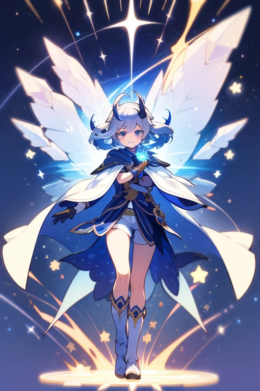 absurd res, high reasterpiece:1.4) genshin impact, genshin style, looking at viewer, standing, ultra-detailed, 1girl, accurate body limbs, full body, goddess of dreams and stars, short pants, cloak, boots, gloves, crystals , silver hair, blue eyes, short wavy hair, tall, background