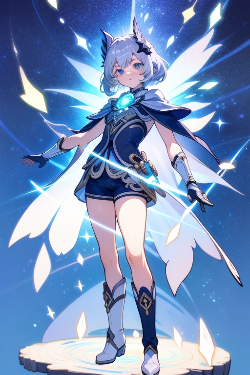 absurd res, high reasterpiece:1.4) genshin impact, genshin style, looking at viewer, standing, ultra-detailed, 1girl, accurate body limbs, full body, goddess of dreams and stars, short pants, cloak, boots, gloves, crystals , silver hair, blue eyes, short wavy hair, tall, background