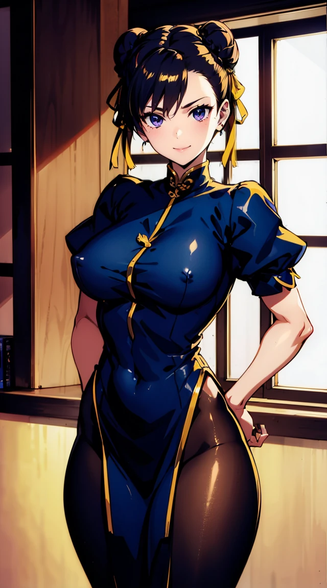 girl with chun li, Gloss, slim thigh, stiff nipple, thick eyebrow, Tight buttocks, lower back, middle breast, Very happy, Brown pantyhose, long drop, Salaryman in short clothes, Sexy, masterpiece, highres, ultra-detailed, realistic, studio lighting, concept art, vibrant colors, warm tone, soft lighting.