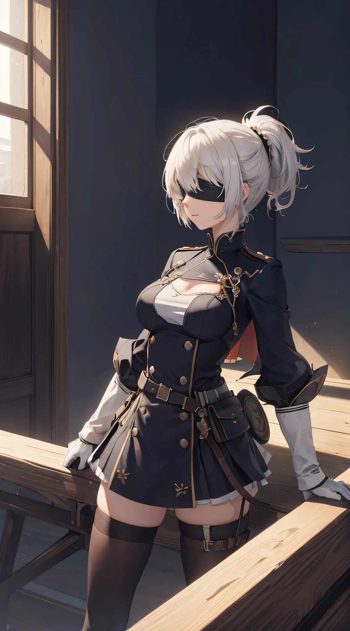 (extremely detailed CG unity 8k wallpaper), (masterpiece), (best quality), (ultra-detailed), (best illustration), (best shadow), (absurdres), 2b, 1girl, short hair, short ponytail, normal size boobs, white hair, blindfold solo, Intimidating women, admiral uniform, night, hero pose, white clothes, General Uniform, Military Uniform, Sunlight, exposed to sunlight,commander, cape, fighting, ((beautiful fantasy girl)), (Master Part: 1.2), Best Quality, High Resolution, photorealestic, photogenic, Unity 8k壁纸, perfect lighting, (perfect arms, perfect anatomy) beatiful face, intricate details, Detalhes realistas, the anime, The Perfect Girl, perfect details, Ultra HD |, 8K, Professional photo