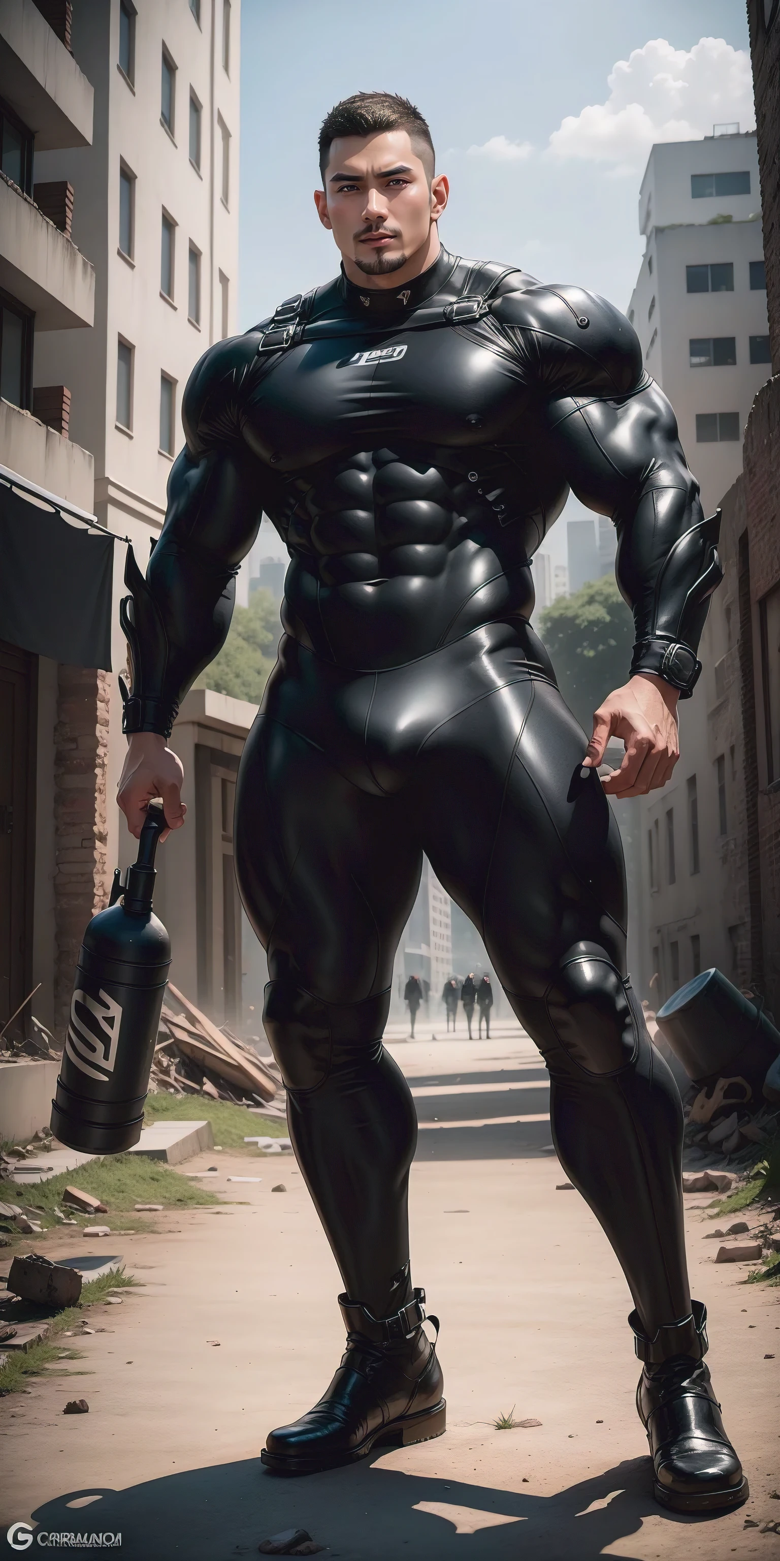 A tall, muscular man 2 meters tall opened his mouth and shouted.,In the ruins of the city there is a huge rubber ball,He opened his mouth wide,character design(生化危机 - Chris Redfield,Chris Redfield)Wearing a shiny dark gray wetsuit,The whole body is wrapped,High-end leather texture,Regular symmetrical texture pattern,Standing alone in the ruins of the city in the open air, Bright sunlight shines on the body,There is a ball on the ground,expression sad,A hero with deep and charming pupils,heroic masculine pose,Tall and burly,Muscular!Sexy and attractive leg muscles,tall, Burly, and strong, Wearing a shiny dark gray wetsuit, Super gain and cool, commission for high resolution, Big feet in dark gray boots,Charming strong man,Bright sunlight shines on the body,Reflective and shiny