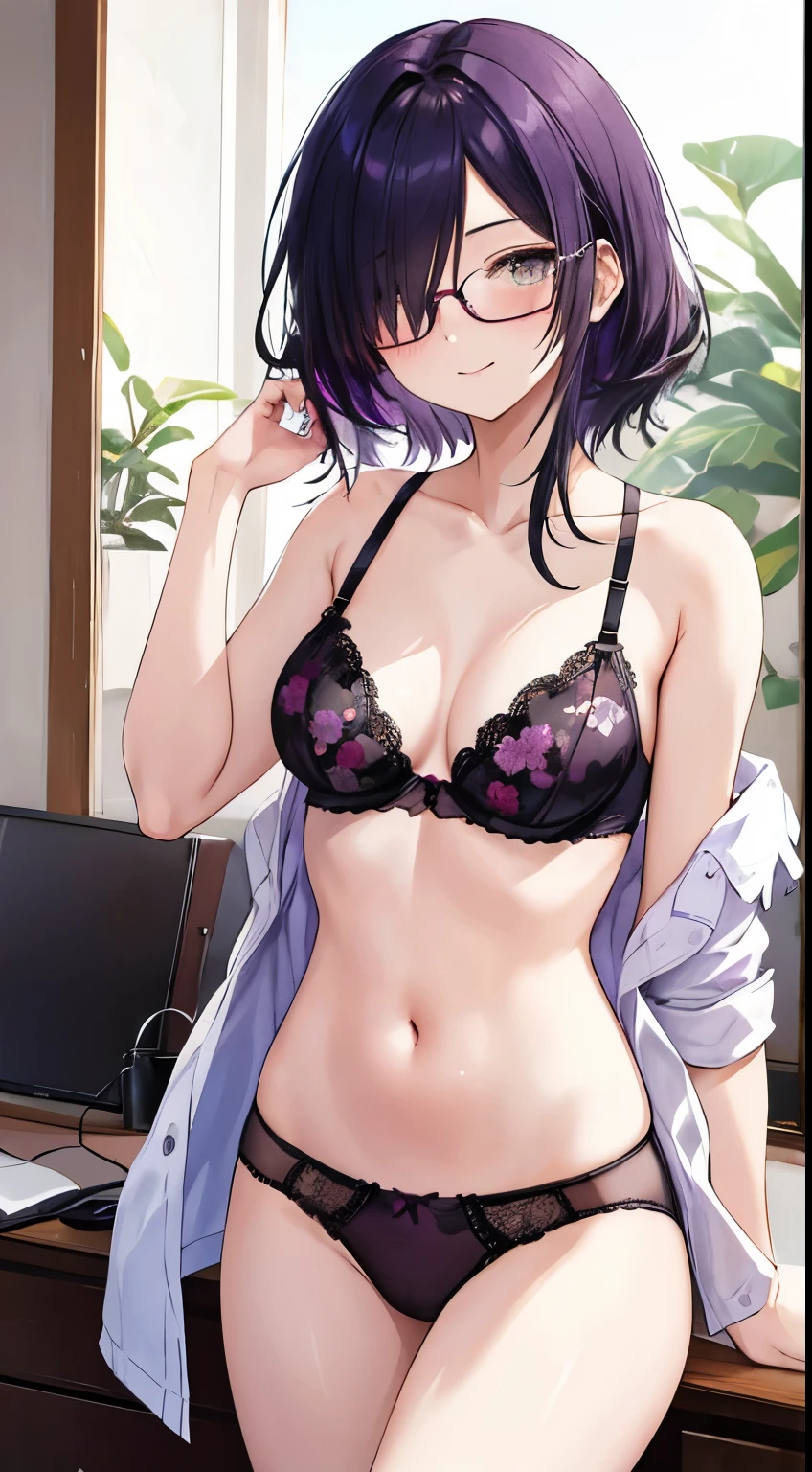 Female, 18 years old, purple-black hair trailing down to cover one eye eyes sexy floral underwear hotel Wear round glasses Twittel hair
