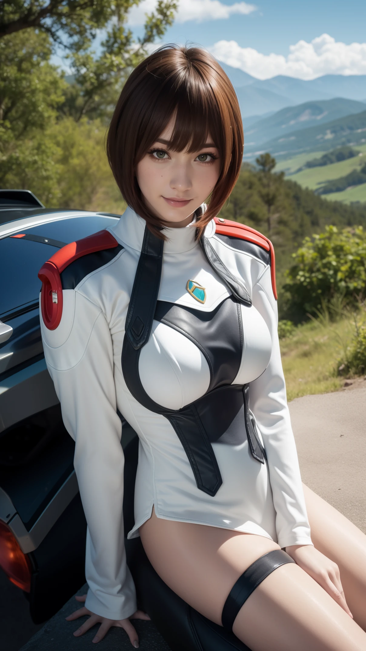 Gwen Tennyson,tracer,Chun-li,Rebecca Chambers,Tomb Raider,Overwatch,1girl in, close up,Mecha Pilot,mountain road,Red and white plug suit,hair pin,Pirate Corset, White Long Sleeve Lycra Top,silver lycra tight skirt,Short hair,Cute makeup, Green eyes,Orange and gold hair,Shy smile,freckle,redhair,Beautiful Girl,Large breasts,ultra-detailliert,Realistic, Fantasy Art,Military uniform,Police Uniform,pilot scarf,Pilot jacket,Wet shirt,thigh high boots,Garter Belt,motor cycle,Sitting,