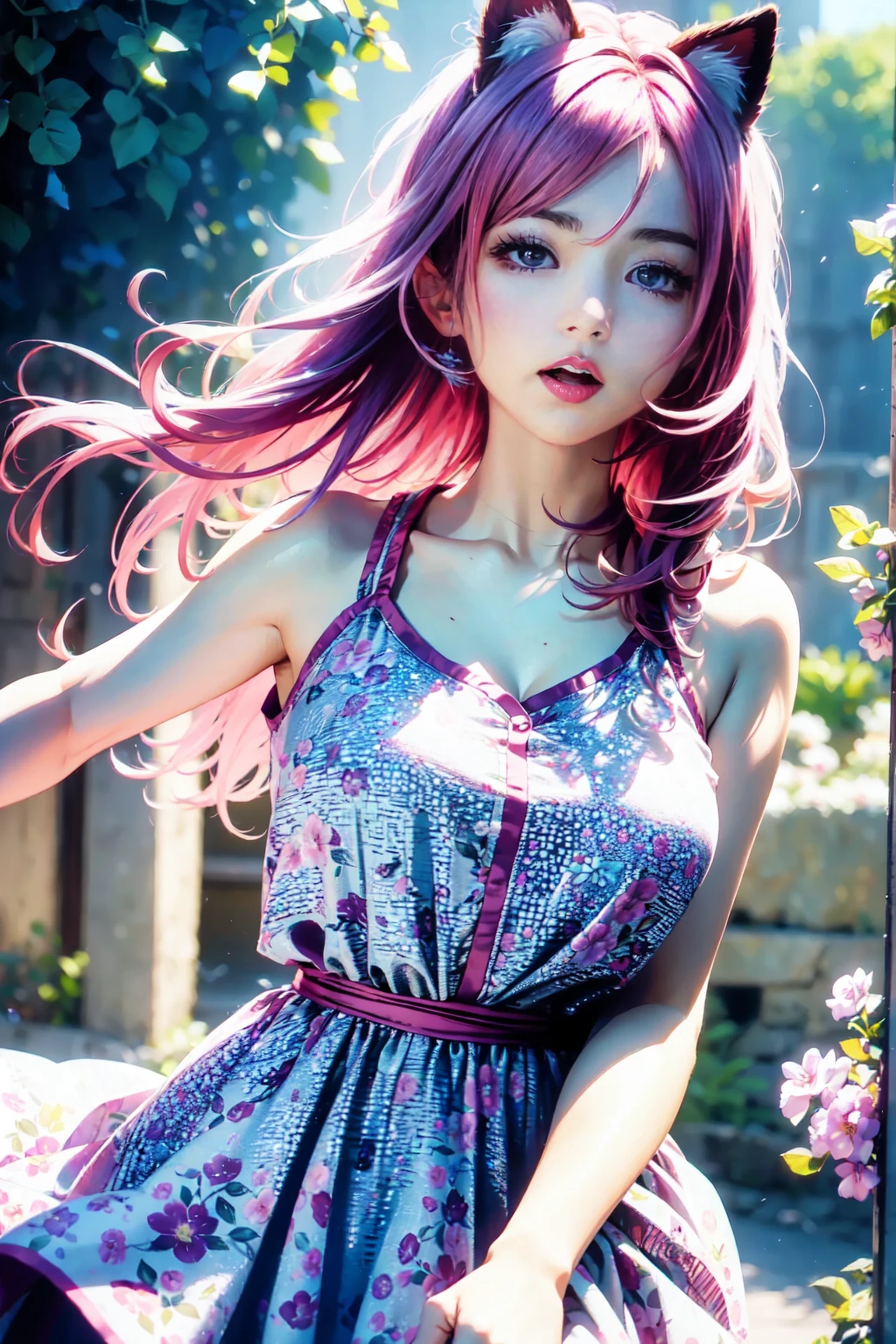 photo of celebrity, RAW, beautiful woman, ((portrait)), ((detailed face, colorful rainbow hair:1.2)), ((detailed facial feature, detailed skin, clear skin, parted lips), (perfect proportioned body, medium breasts, side boob), (wearing pink dress with cherry blossoms, sheer dress, frills and ribbons, pink knee highs, mini skirt, seductive thighs, Dazzling aura around: 1.5)), (high detailed mystical Forest background: 1.3), (side profile, looking at camera: 1.25), (, realistic photo, best quality, detailed), (8k wallpaper), (cinematic lighting, dramatic lighting) (sharp focus, intricate)
