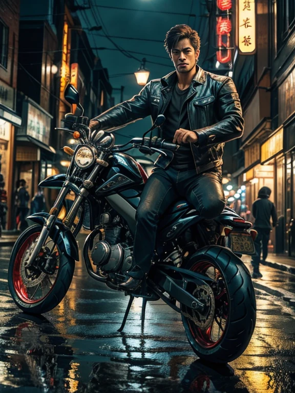 A dog man is riding a motorcycle，The streets are beautifully lit after the rain at night。The man is handsome，Asian people，