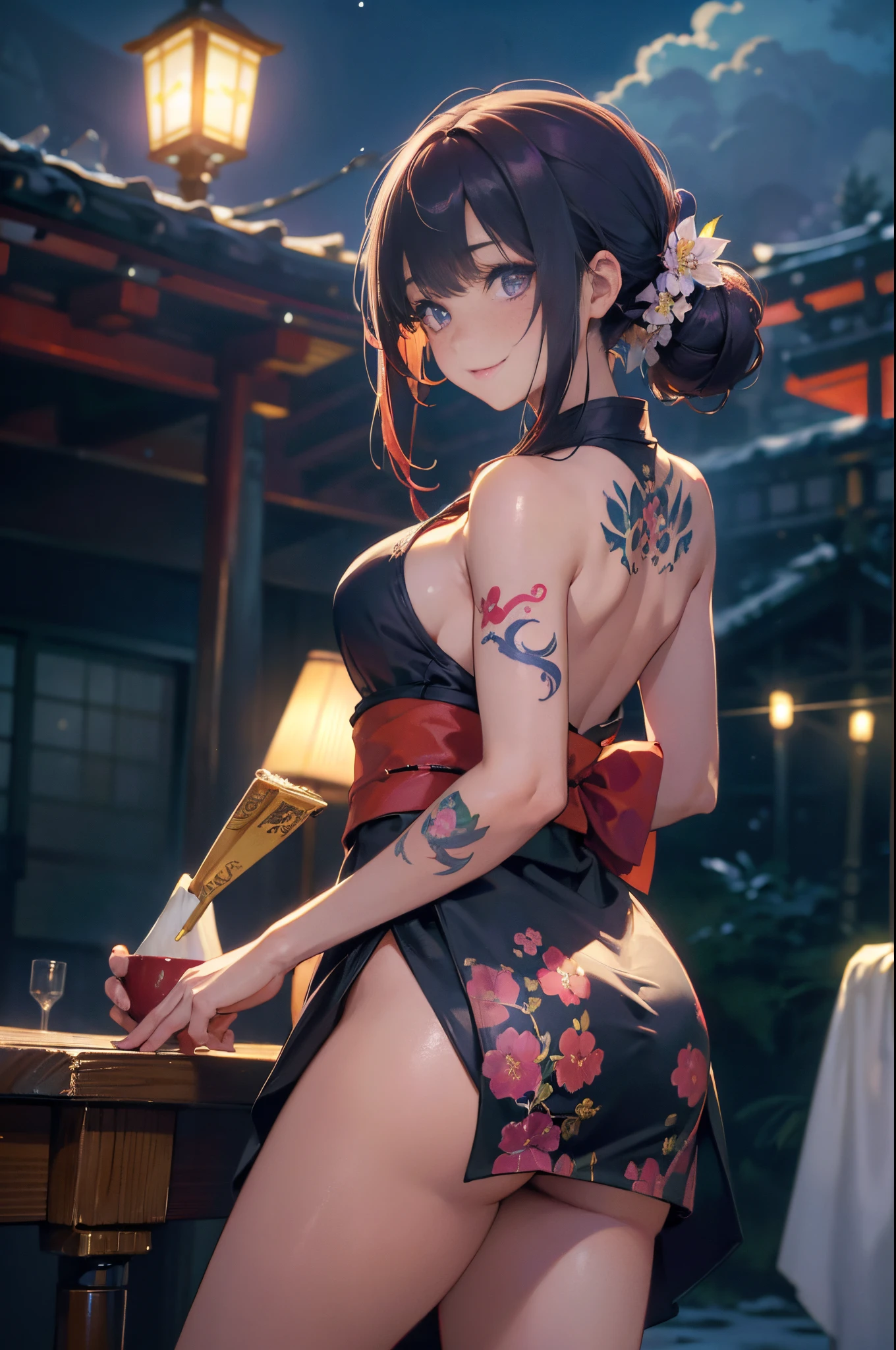 a 20 yo woman、Blackberry hair、Long double ponytail、Hefty Smile、、hands and feet,high-heels,Thighs at a glance、Fishnet tights、Open chest long purple ankle length cheongsam、(High top fade in and out:1.3)、Dark theme、mute、pastelcolor、hight contrast、(Natural skin texture、hyper realisitc、softlighting、Sharp) (On the table, Highest quality, Best quality at best, offcial art, Beautiful and beautiful: 1.2), (1 girl in: 1.3), The is very detailed, (s fractal art: 1.1), (colours: 1.1) (blossoms: 1.3), (author:Yuko Higuchi:1.4), Yuko Higuchi,(Posted by:1.2),(linear art),line drawn,pen painting,Tangled,(tattoo pattern:1.2),(complex line work),(Best quality at best:1.1), (ultra - detailed),Most Best Illustration,finely detailled,hand-drawn high quality,hight contrast,(Clean lines:1.3),Clear's lines,(sportrait),(Very close-up:1.1),1 girl,Alone,The girl was wrapped in snow,(Complicated details:1.3),(detailedbackground:1.2),(coloured background:1.1),a sketch,Complicated details,A high resolution,a moon,quality、8K、A high resolution、masterpiece、(Potrat:0.6)、A brunette one、mid hair、(Laugh terrily:1.3)、(Just look at the audience:1.3)、(bokeh dof)、18 years old、8K, On the table, (realisticlying:1.5), Artistic portrait seen from behind ((dragon girl) in a kimono), tattooed back, Tattoos that expose the back, (Dragon Tattoo), of shoulders, Big chest, Beautiful skins, slimfigure, Cute face, pretty look, Just look at the audience, Red hair tied into a bun with bangs, There is fog, sunlights, aerial viewr, clouds, Cozy and cool atmosphere, 动态照明, natural, artistic,18-year-old girl Wahori skin, Japanese yakuza, jpn, tokyo background, actual, Foto realism, On the table, Best quality at best, Movie photos of Japanese group tattoos, epic lighting, Japanese Yakuza tattoos, Japanese art on behance, Japan culture, sexy for, exotic, 'utterfly and flower tattoo on upper body,Complete collection of arm tattoos、