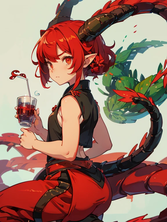 Little Dragon Girl，has horns on its head，There is a dragon tail behind him，red colour，chinesedragon，Martial arts style