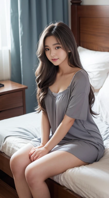 female student、20yr old、Long gray hair、realistically、k hd、Sexy nightdress、Sitting on the bedside、Lie down in bed、Have a well-proportioned figure、It looks beautiful