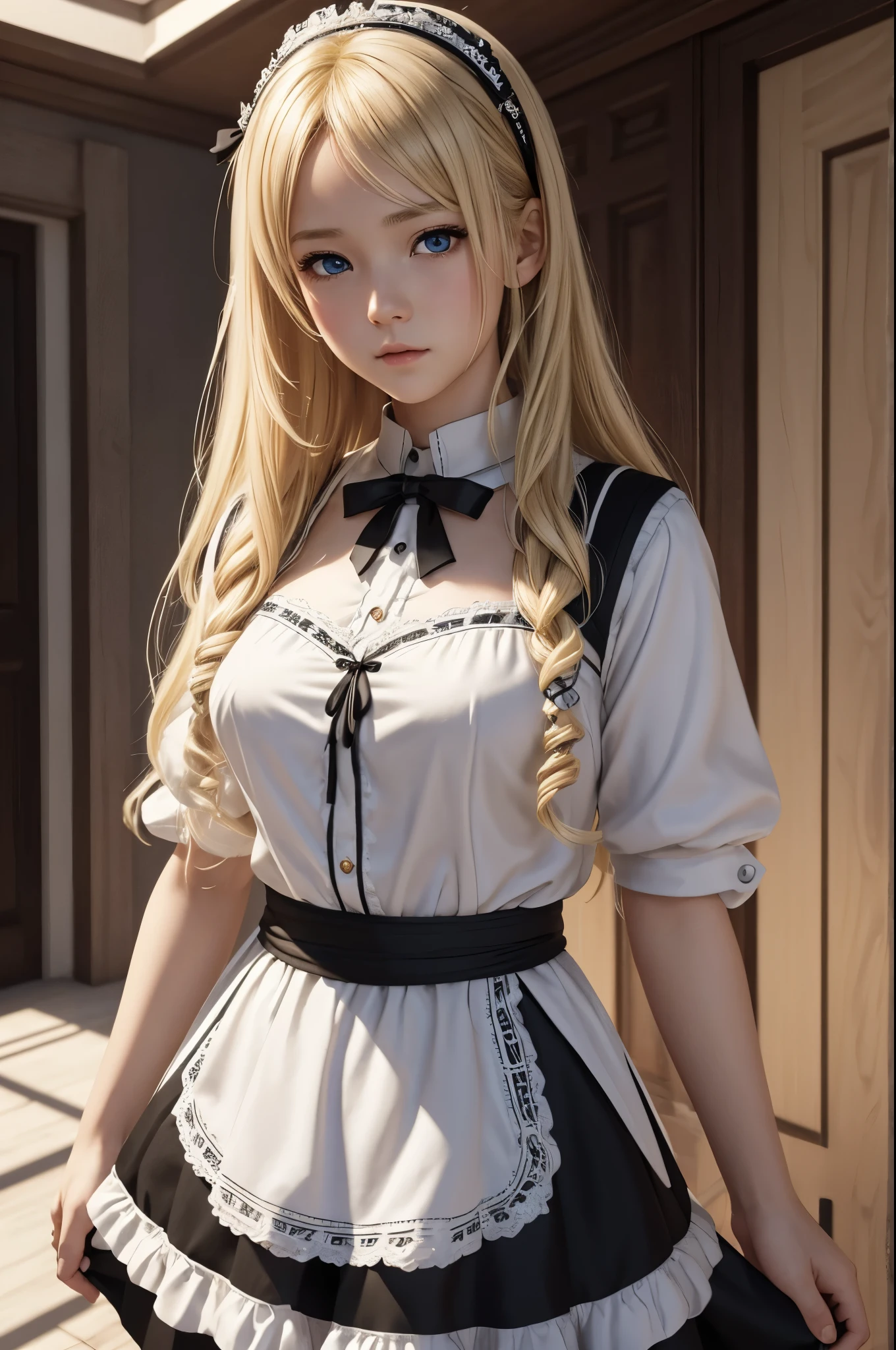 8K,a 14 year old girl,very small breasts,Blonde girl in white and black maid dress looking at camera, white and black maid long skirt,Blue eyes,very small breastsのメイド,Super beauty(Like the real thing)realistic 3 d style, very small breastsの美しい乙女, Photorealistic girl rendering, detailed digital art, Fantasyart, 2. 5 D CGIFantasyartワーク, girl with tied blonde hair, Smooth CG art, artwork in the style of guweiz,direct one's gaze toward the viewer,Inside the big mansion,black and white maid uniform,