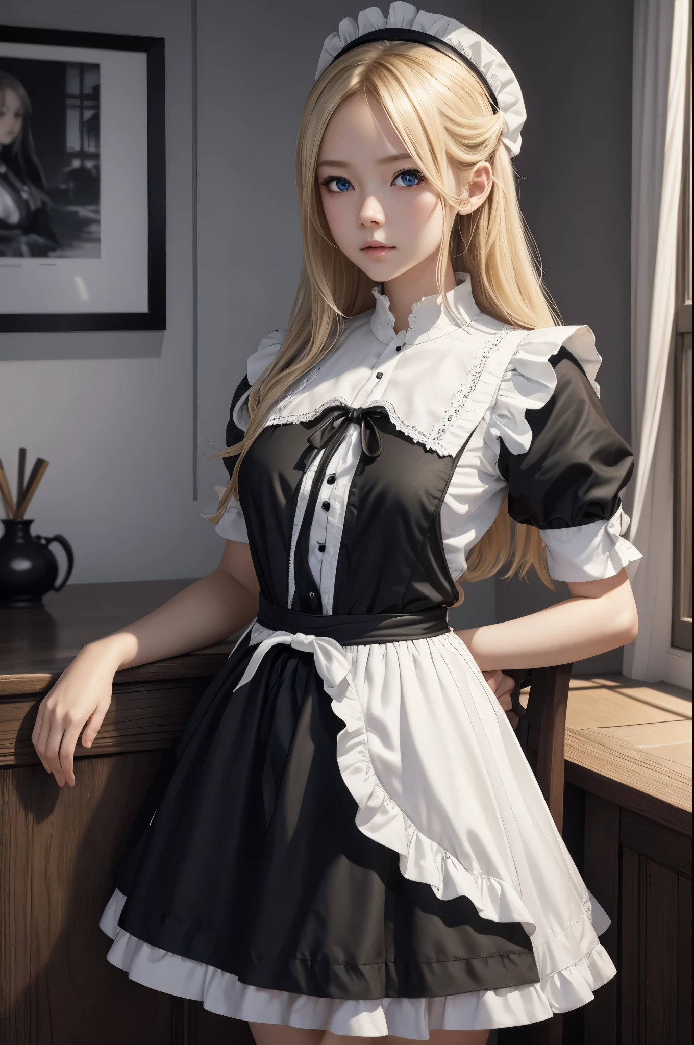 8K,a 14 year old girl,very small breasts,Blonde girl in white and black maid dress looking at camera, white and black maid long skirt,Blue eyes,very small breastsのメイド,Super beauty(Like the real thing)realistic 3 d style, very small breastsの美しい乙女, Photorealistic girl rendering, detailed digital art, Fantasyart, 2. 5 D CGIFantasyartワーク, girl with tied blonde hair, Smooth CG art, artwork in the style of guweiz,direct one's gaze toward the viewer,Inside the big mansion,black and white maid uniform,