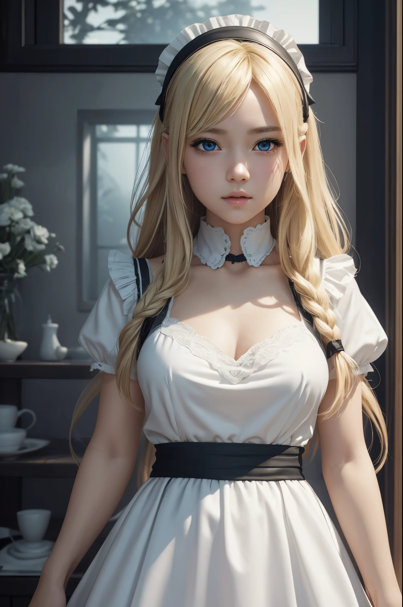 8K,a 14 year old girl,very small breasts,Blonde girl in white and black maid dress looking at camera, white and black maid long skirt,Blue eyes,very small breastsのメイド,Super beauty(Like the real thing)realistic 3 d style, very small breastsの美しい乙女, Photorealistic girl rendering, detailed digital art, Fantasyart, 2. 5 D CGIFantasyartワーク, girl with tied blonde hair, Smooth CG art, artwork in the style of guweiz,direct one&#39;s gaze toward the viewer,Inside the big mansion,black and white maid uniform,