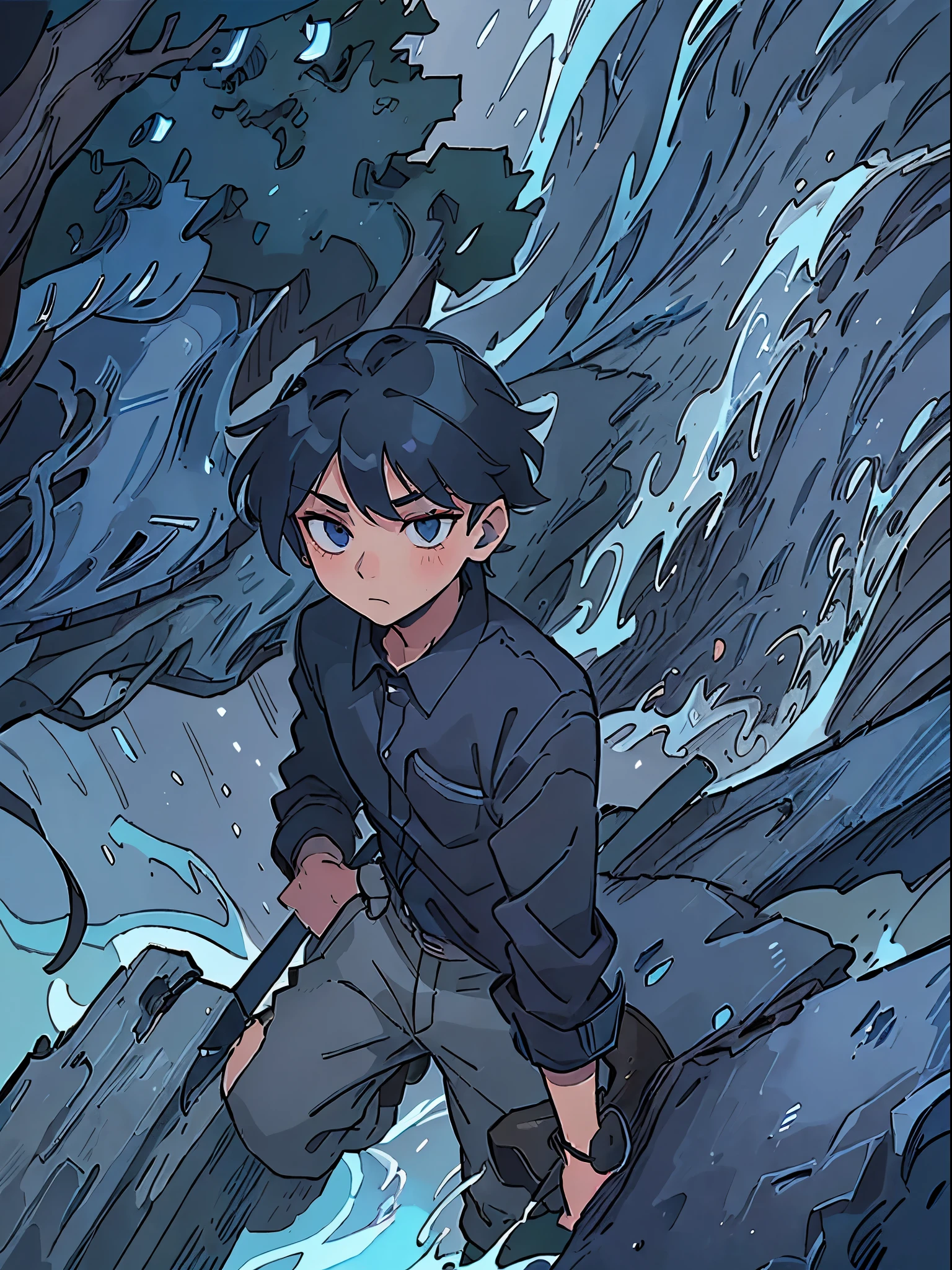 Boy with DARK Blue Hair, Blue Shirt, Gray Pants, Navy Blue Eyes, BLACK Shoes, Waterfall with Pine TreeLACK Bear with Red eyes, Iron Sword in His Hands. With a Gray Horse in background too