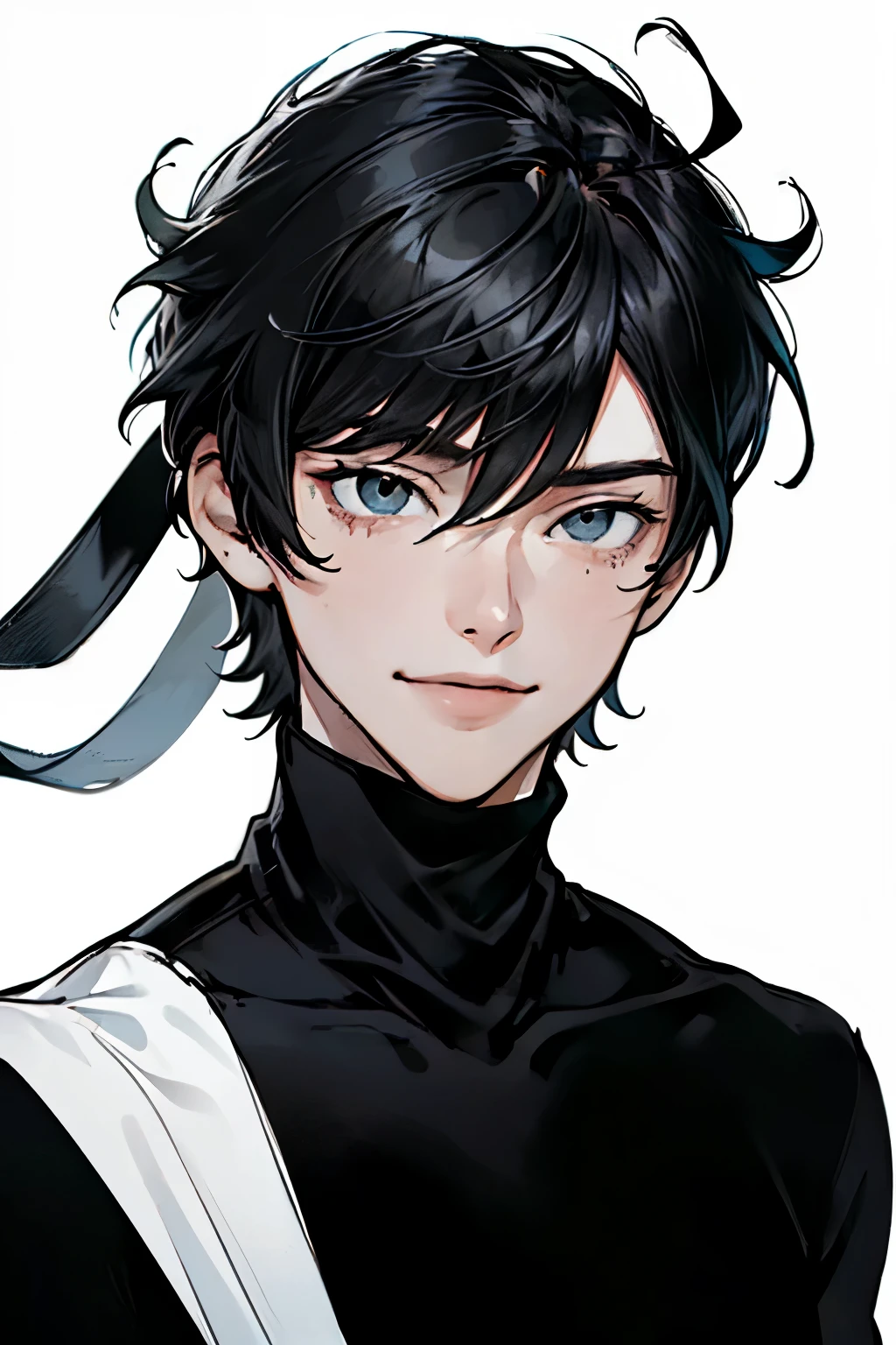 best quality, high resolution, clean background, high contrast, (((1boy:1.1))), line-drawing, sketch, ((tight medium shot))), white background, clean line drawings, (fringe hairstyle), (naughty face), smile face, (((turtleneck))), (((dark-haired)))), (Mashed Hair), ((black eyescolor:1.5)), white skin,