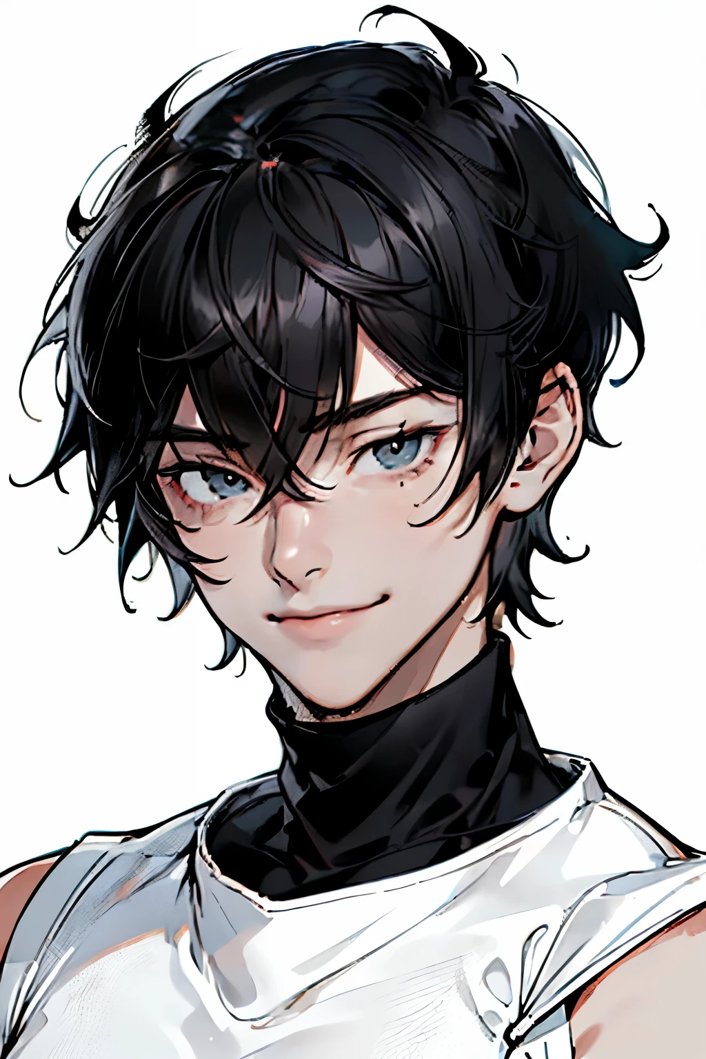 best quality, high resolution, clean background, high contrast, (((1boy:1.1))), line-drawing, sketch, ((tight medium shot))), white background, clean line drawings, (fringe hairstyle), (naughty face), smile face, (((turtleneck))), (((dark-haired)))), (Mashed Hair), ((black eyescolor:1.5)), white skin,
