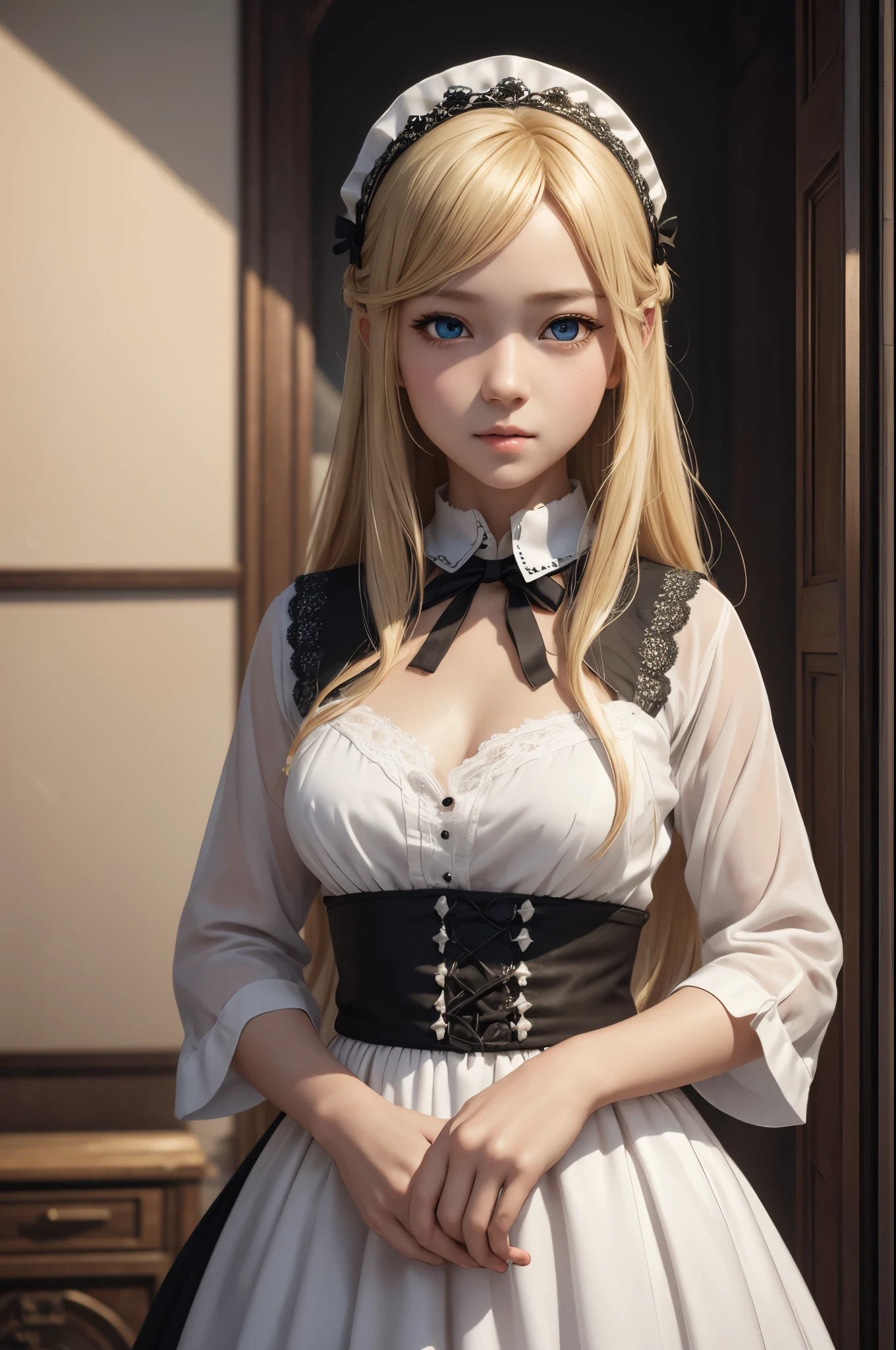 8K,14 year old maid girl,very small breasts,Blonde girl in white and black maid dress looking at camera, white and black maid long skirt,Blue eyes,very small breastsのメイド,Super beauty(Like the real thing)realistic 3 d style, very small breastsの美しい乙女, Photorealistic girl rendering, detailed digital art, Fantasyart, 2. 5 D CGIFantasyartワーク, girl with tied blonde hair, Smooth CG art, artwork in the style of guweiz,direct one's gaze toward the viewer,Inside the big mansion,tightly closed mouth,