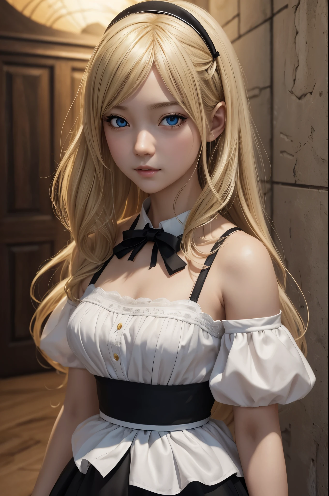 8K,14 year old maid girl,very small breasts,Blonde girl in white and black maid dress looking at camera, white and black maid long skirt,Blue eyes,very small breastsのメイド,Super beauty(Like the real thing)realistic 3 d style, very small breastsの美しい乙女, Photorealistic girl rendering, detailed digital art, Fantasyart, 2. 5 D CGIFantasyartワーク, girl with tied blonde hair, Smooth CG art, artwork in the style of guweiz,direct one's gaze toward the viewer,Inside the big mansion,tightly closed mouth,