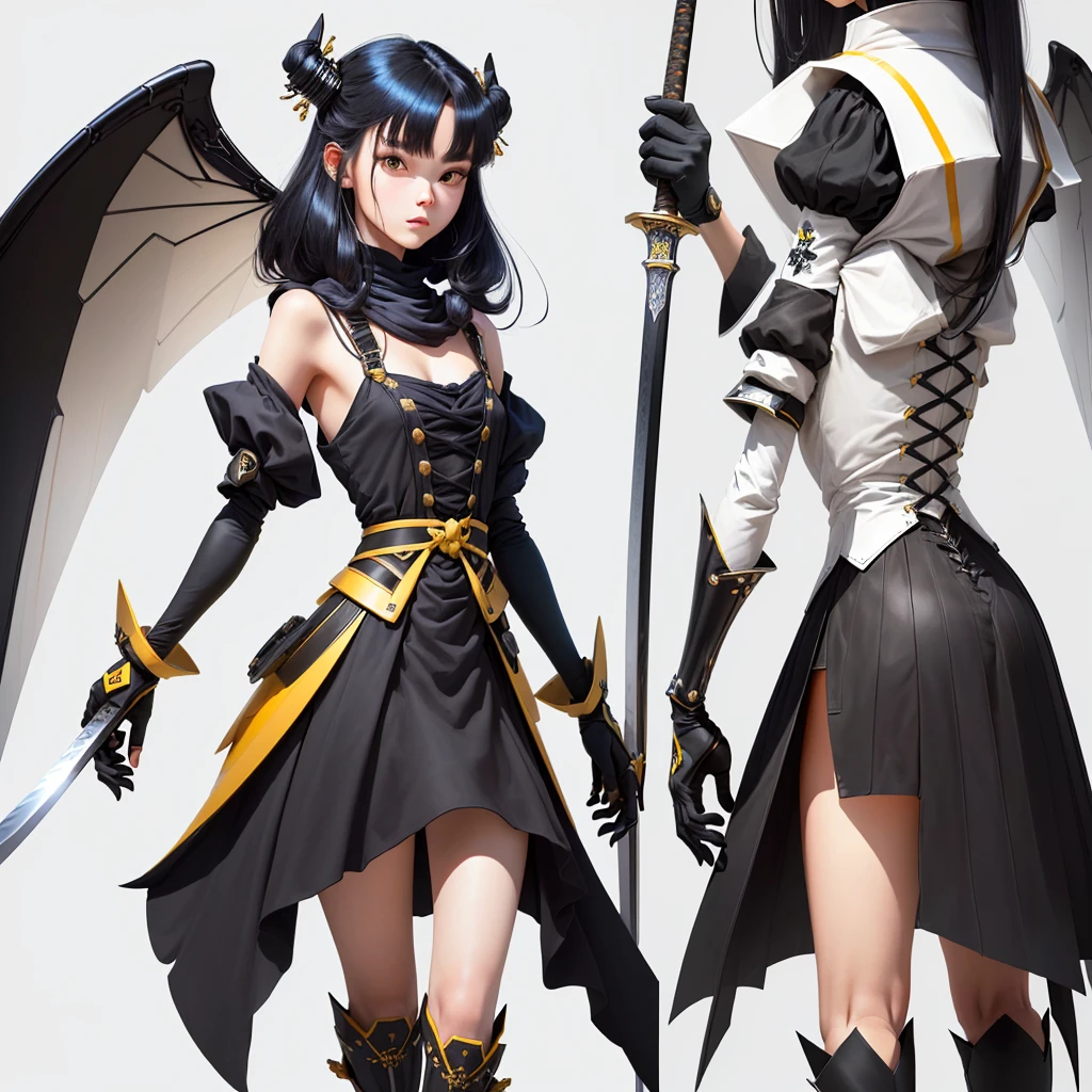 Background with, white Background with,Alone, ( Background with, white Background with:1.3), tmasterpiece, Best quality at best, 1 boy, combats,pointy-footed carpenter bee,(Anthropomorphism of beeale people, facula, Black, katana swords, machine arm, long whitr hair,flat colour, Colorful, Animate, game peculiarity design, concept design, the number, peculiarity, high detal,