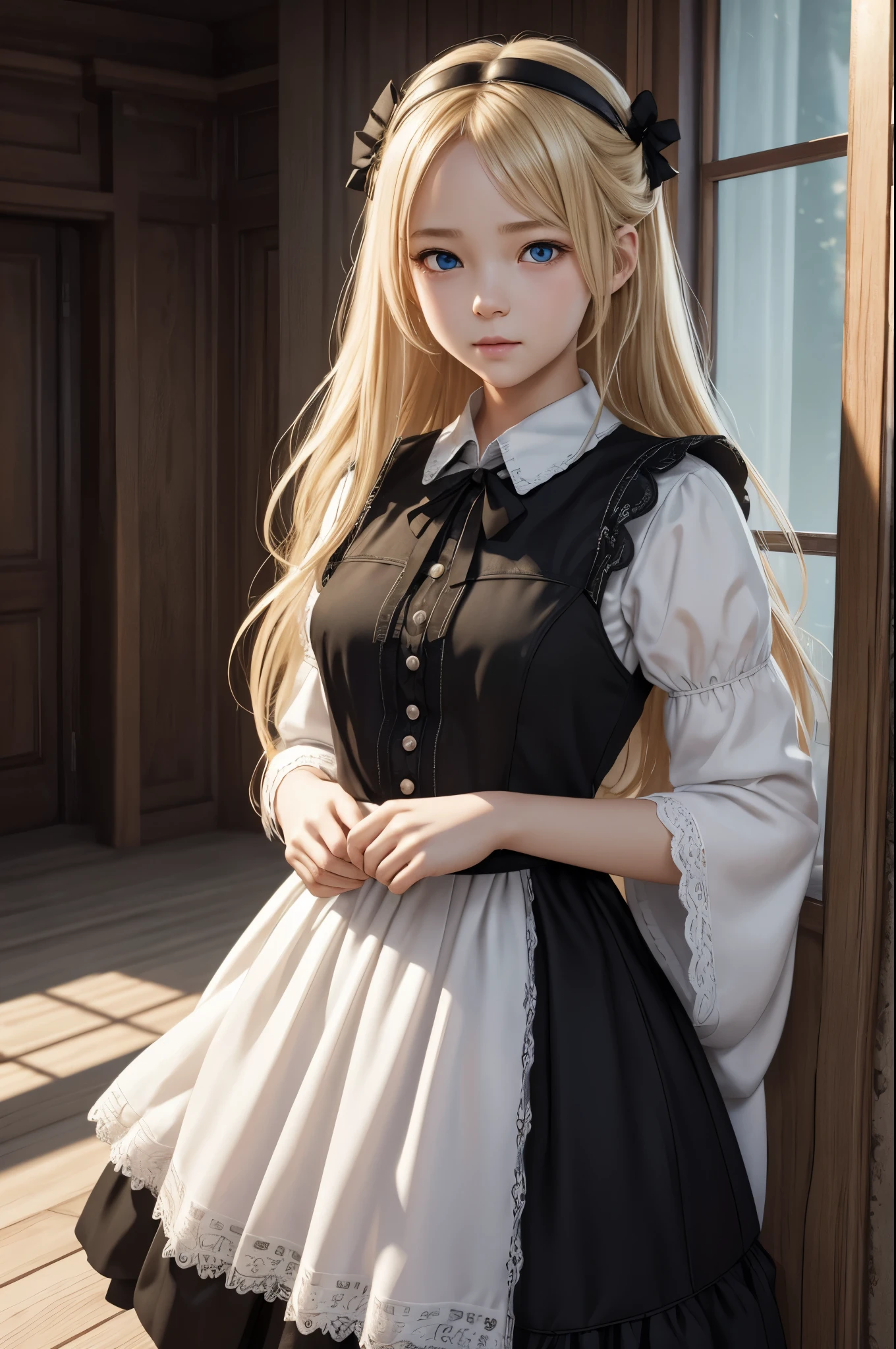 8K,14 year old maid girl,very small breasts,Blonde girl in white and black maid dress looking at camera, white and black maid long skirt,Blue eyes,very small breastsのメイド,Super beauty(Like the real thing)realistic 3 d style, very small breastsの美しい乙女, Photorealistic girl rendering, detailed digital art, Fantasyart, 2. 5 D CGIFantasyartワーク, girl with tied blonde hair, Smooth CG art, artwork in the style of guweiz,direct one's gaze toward the viewer,Inside the big mansion,tightly closed mouth,