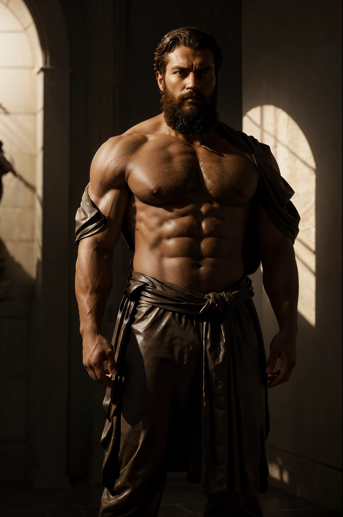 Uncover an image featuring a full-body statue illustrating Stoic ideals. Choose a standing pose for the muscular, bearded man, elegantly draped in clothing over one shoulder. Set against a dark background, the statue should exhibit exceptional craftsmanship, highlighting intricate details in facial features and attire. Opt for a wide shot to emphasize the dramatic play of light and shadow.