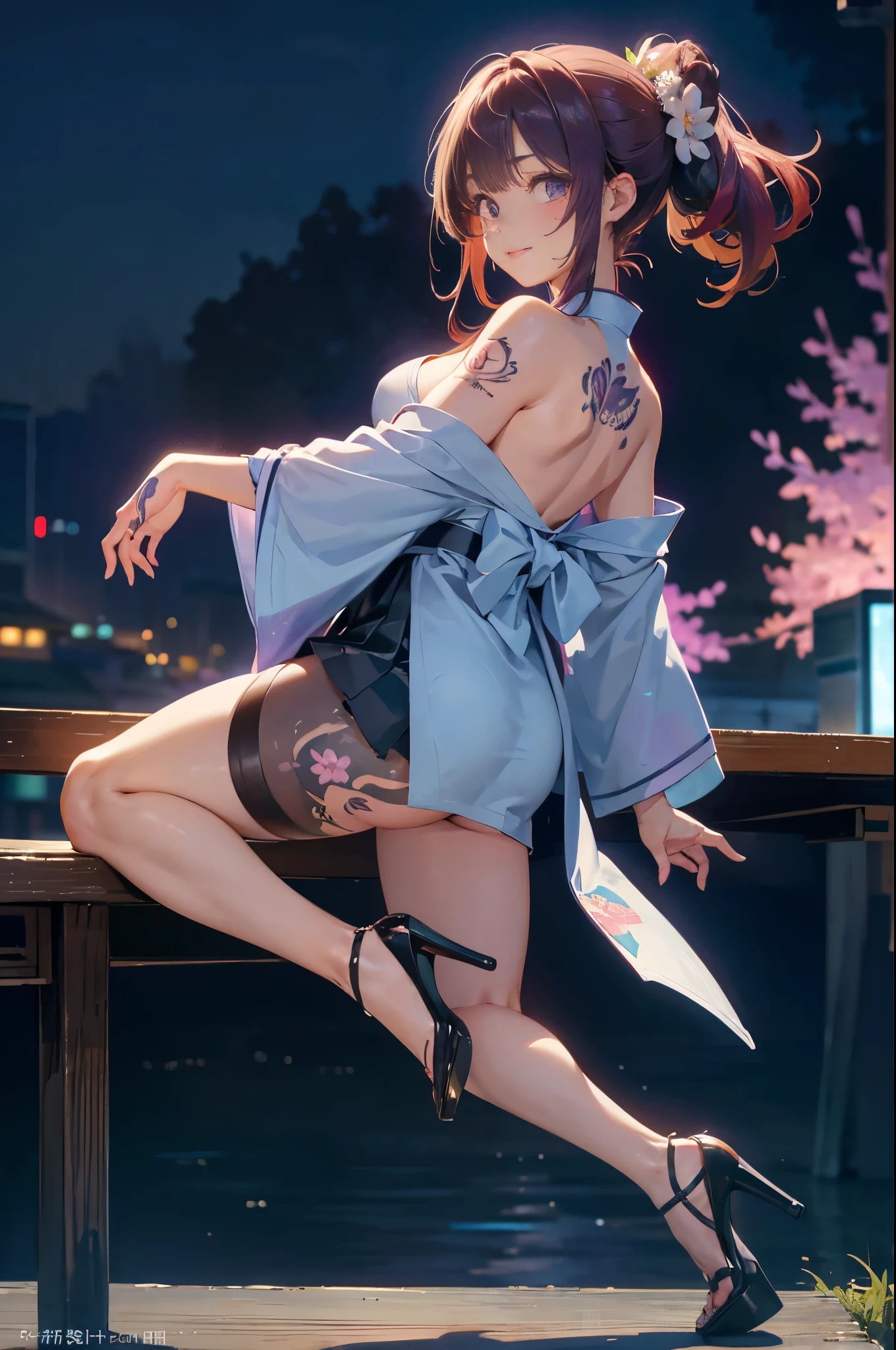 a 20 yo woman、Blackberry hair、Long double ponytail、Hefty Smile、、hands and feet,(high-heels:1.5),Thighs at a glance、Fishnet tights、Open-chest long purple ankle-length cheongsam、(High top fade in and out:1.3)、Dark theme、Silent、pastelcolor、hight contrast、(Natural skin texture、hyper realisitc、gentlesoftlighting、Sharp) (On a table, Best quality at best, Best quality, offcial art, Beautiful and beautiful: 1.2), (1 girl in: 1.3), The content is very detailed, (s fractal art: 1.1), (colours: 1.1) (blooming flower: 1.3), (author:Yuko Higuchi:1.4), Yuko Higuchi,(Posted by:1.2),(linear art),line drawn,pen painting,tangled,(tattoo pattern:1.2),(complex line work),(Best quality:1.1), (ultra - detailed),Best Best Illustration,Detailed pubic hair,hand-drawn high quality,hight contrast,(Clean lines:1.3),清晰的线条,(sporty attire),(Very close-up:1.1),1 girl,Alone,The girl was wrapped in snow,(Complicated details:1.3),(detailedbackground:1.2),(coloured background:1.1),a sketch,Complicated details,A high resolution,a moon,quality、8K、A high resolution、tmasterpiece、(Potrat:0.6)、A brunette one、mid hair、(Laughed hard:1.3)、(looking at the viewer only:1.3)、(bokeh dof)、18yr old、8K, On a table, (realistically:1.5), Artistic portrait seen from behind ((dragon girl) in a kimono), tattoo back, Complete collection of back tattoo patterns, (Dragon Tattoo), bshoulders, Bigchest, Beautiful skins, slimfigure, Cute face, pretty look, looking at the viewer only, Red hair tied into a bun with bangs, There is fog, rays of sunshine, Aerial cameras, clouds, Cozy and cool atmosphere, 动态照明, natural, artistic,18yr old girl Wahori skin, jpn gangster, jpn, tokyo background, actual, Photographic realism, On a table, Best quality, jpn group tattoo movie photos, epic lighting, Gangster tattoos, jpnart on behance, jpn culture, sexy for, exotic, Upper body butterfly and flower tattoo,Arm tattoo pattern collection、
