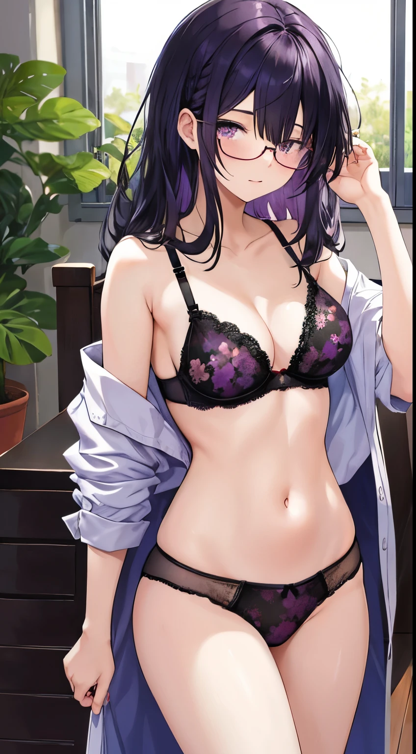 Female, 18 years old, purple-black hair trailing down to cover one eye eyes sexy floral underwear hotel Wear round glasses Twittel hair