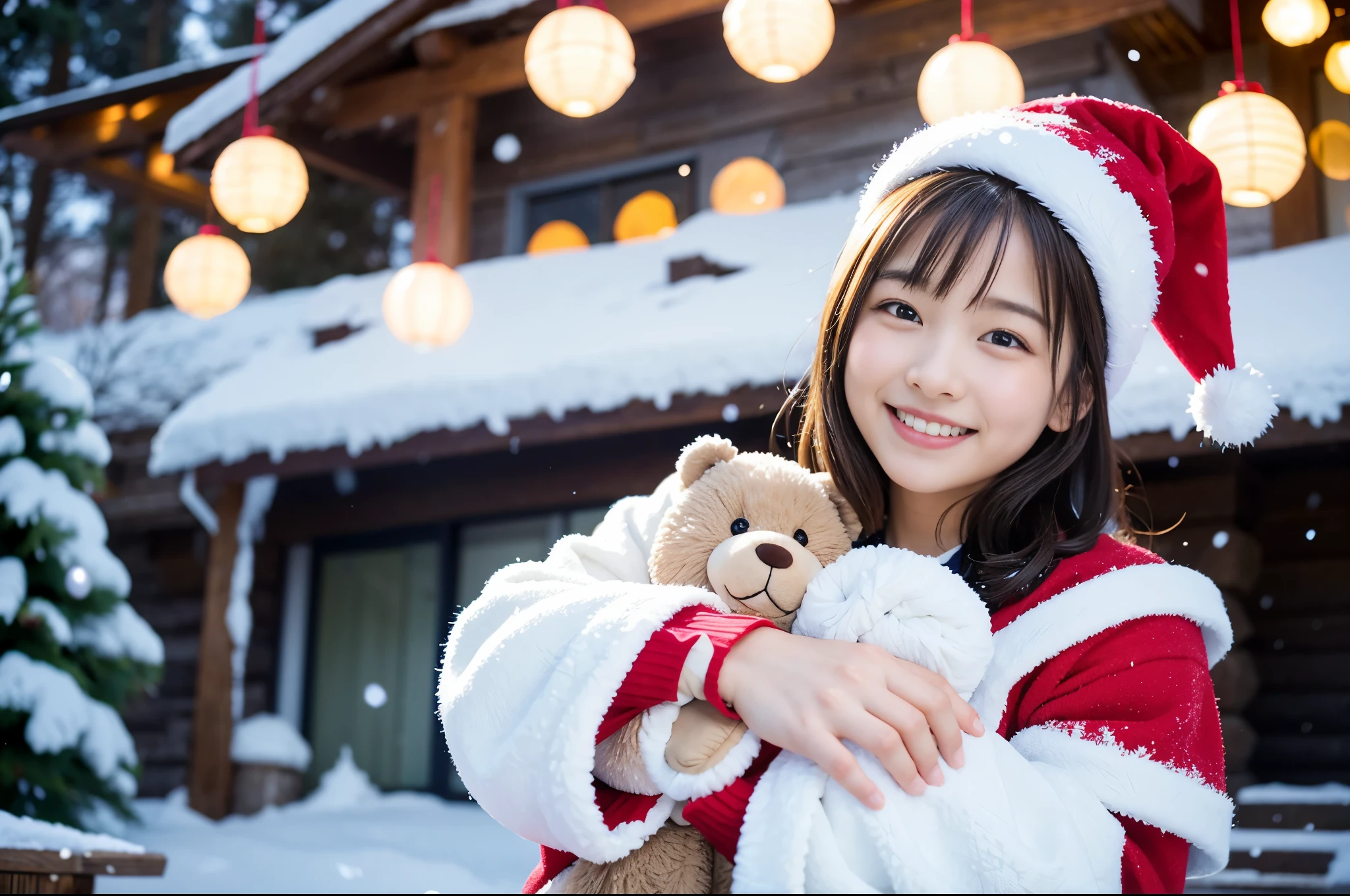 (Best Quality,4K,hight resolution,masutepiece:1.2),Realistic,Christmas,girl (),Hugging a big teddy bear,santa、a closeup,Snow falling in the background,Winter wonderland,Joyful expression,Magical atmosphere,Soft lighting,Vivid colors,Happiness,laught,Welcoming environment,Warmth,Smiling eyes,Shortcut Hair,Shimmering decoration,Twinkling lights,wrapped present,magic snowflake,Christmas tree with ornaments,log cabin,Peace and quiet,Excitement and anticipation,Snowy landscape,childhood innocence,Enchanted moments,Playful laughter,Upholstered stockings,off shoulders