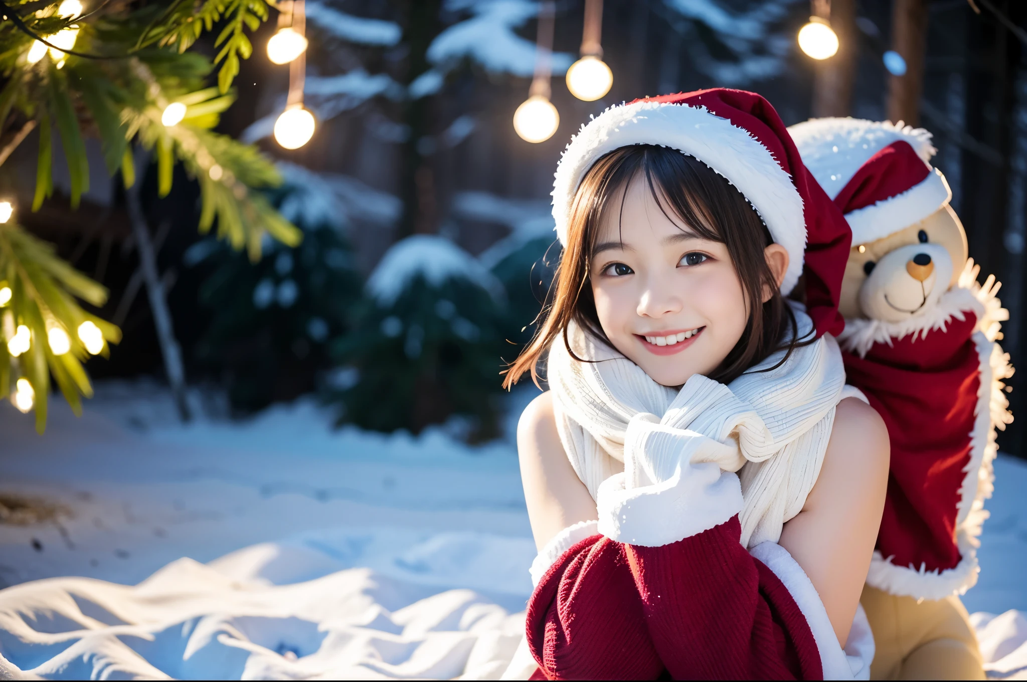 (Best Quality,4K,hight resolution,masutepiece:1.2),Realistic,Christmas,girl (),Hugging a big teddy bear,santa、a closeup,Snow falling in the background,Winter wonderland,Joyful expression,Magical atmosphere,Soft lighting,Vivid colors,Happiness,laught,Welcoming environment,Warmth,Smiling eyes,Shortcut Hair,Shimmering decoration,Twinkling lights,wrapped present,magic snowflake,Christmas tree with ornaments,log cabin,Peace and quiet,Excitement and anticipation,Snowy landscape,childhood innocence,Enchanted moments,Playful laughter,Upholstered stockings,off shoulders