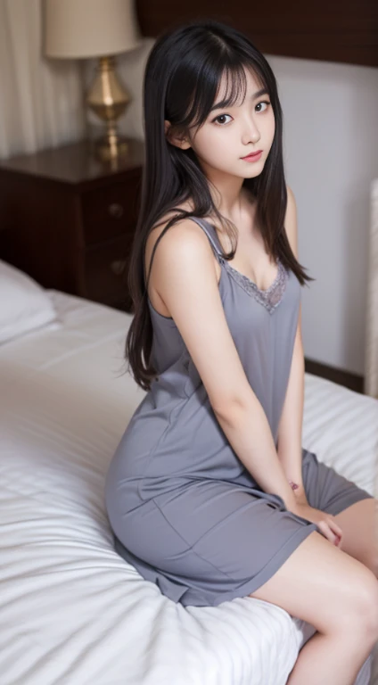 female student、20yr old、Long gray hair、realistically、k hd、Sexy nightdress、Sitting on the bedside、Lie down in bed、Have a well-proportioned figure、It looks beautiful