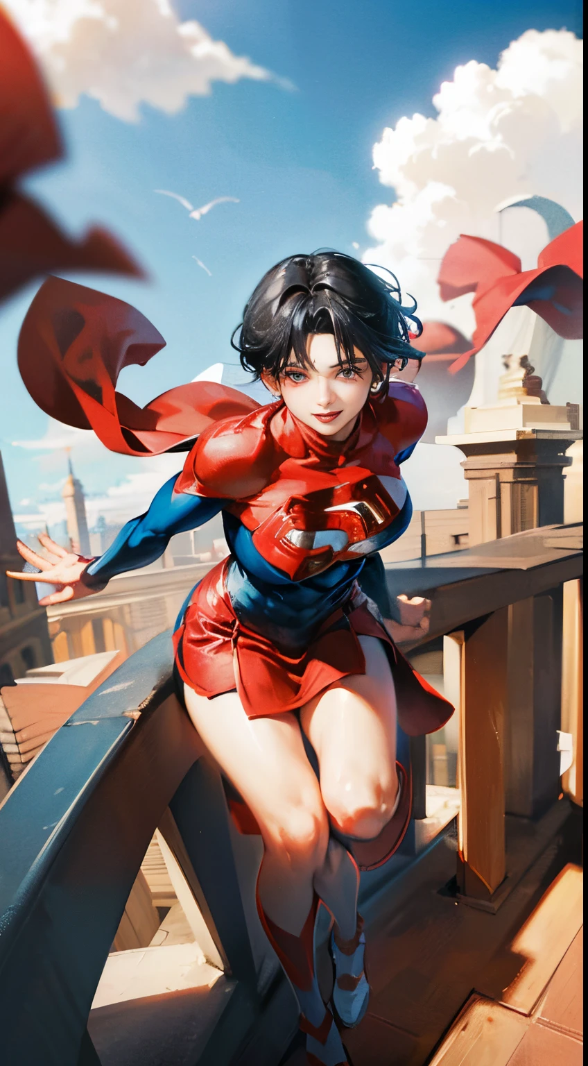 Anime perfect SUPERGIRL body woman, blue short hair, iluminated red eyes, red lips, perfect small breasts, using red skirt lying, big red cape, flying between clouds  in ambient artic, perfect body, sexy smile, Supergirl