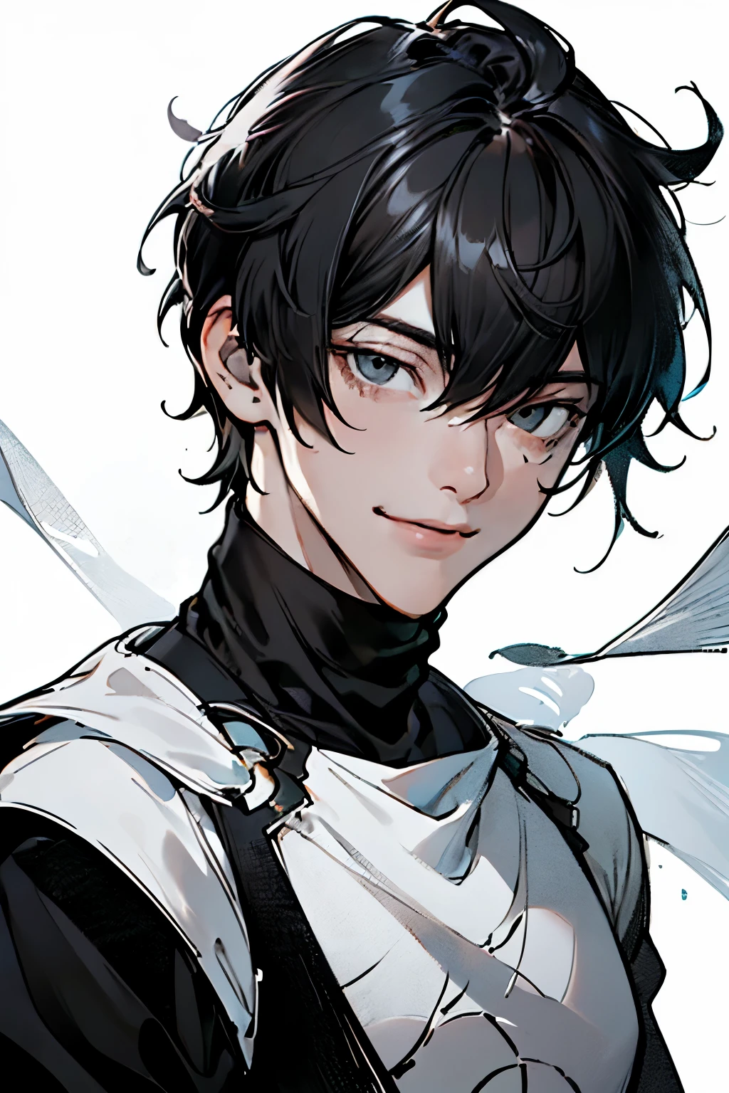 best quality, high resolution, clean background, high contrast, (((1boy:1.1))), line-drawing, sketch, ((tight medium shot))), white background, clean line drawings, (fringe hairstyle), (naughty face), smile face, (((turtleneck))), (((dark-haired)))), (Mashed Hair), ((black eyescolor:1.5)), white skin,