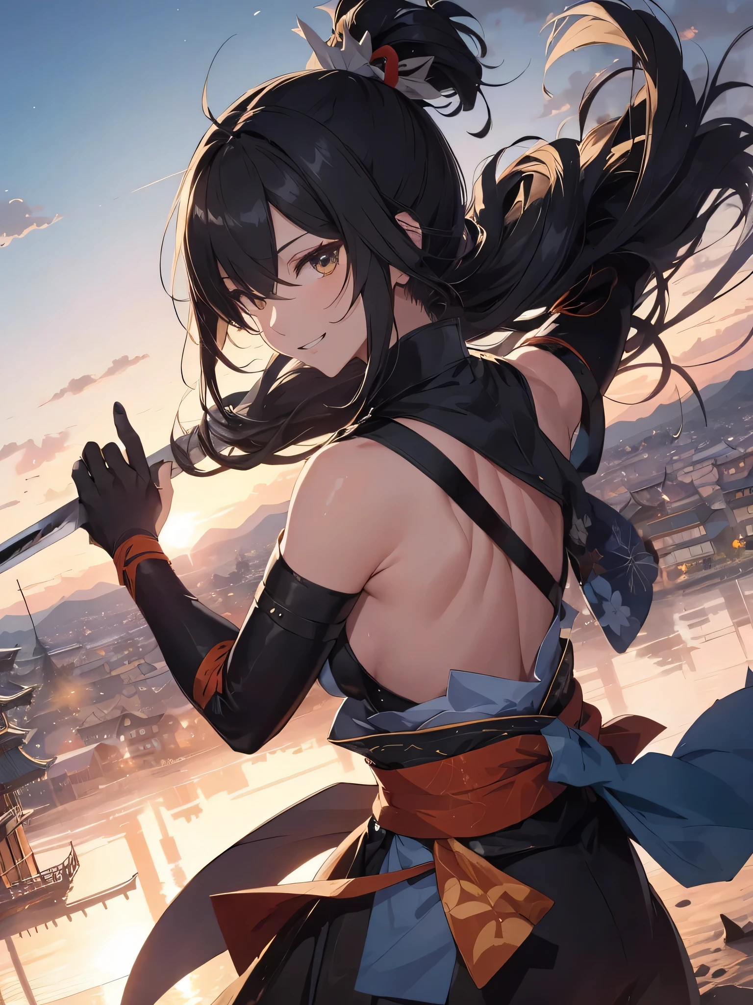 Curvaceous but slender、(top-quality、hight resolution、8K、masterpiece:1.2)。(1 Kunoichi:I'm ready to take my little sword and join the fight.。She wears a flashy and colorful kimono.、A gentle breeze is blowing。 With smiling eyes、moment of extractionを静かに待っています。Wacky costumes、shoot a slash、Depiction in motion、extraordinary aura、poneyTail、well-muscled、double tooth、Original Character、)。A townscape from the end of the Edo period with Ehime Castle visible in the distance。Use this prompt to、do the following、moment of extraction、Edo、Cool stance before unsheathing、Please draw a detailed cityscape。shuriken、kunai、smokescreen、Makibishi、Wacky hair、disheveled hair、Ponite、