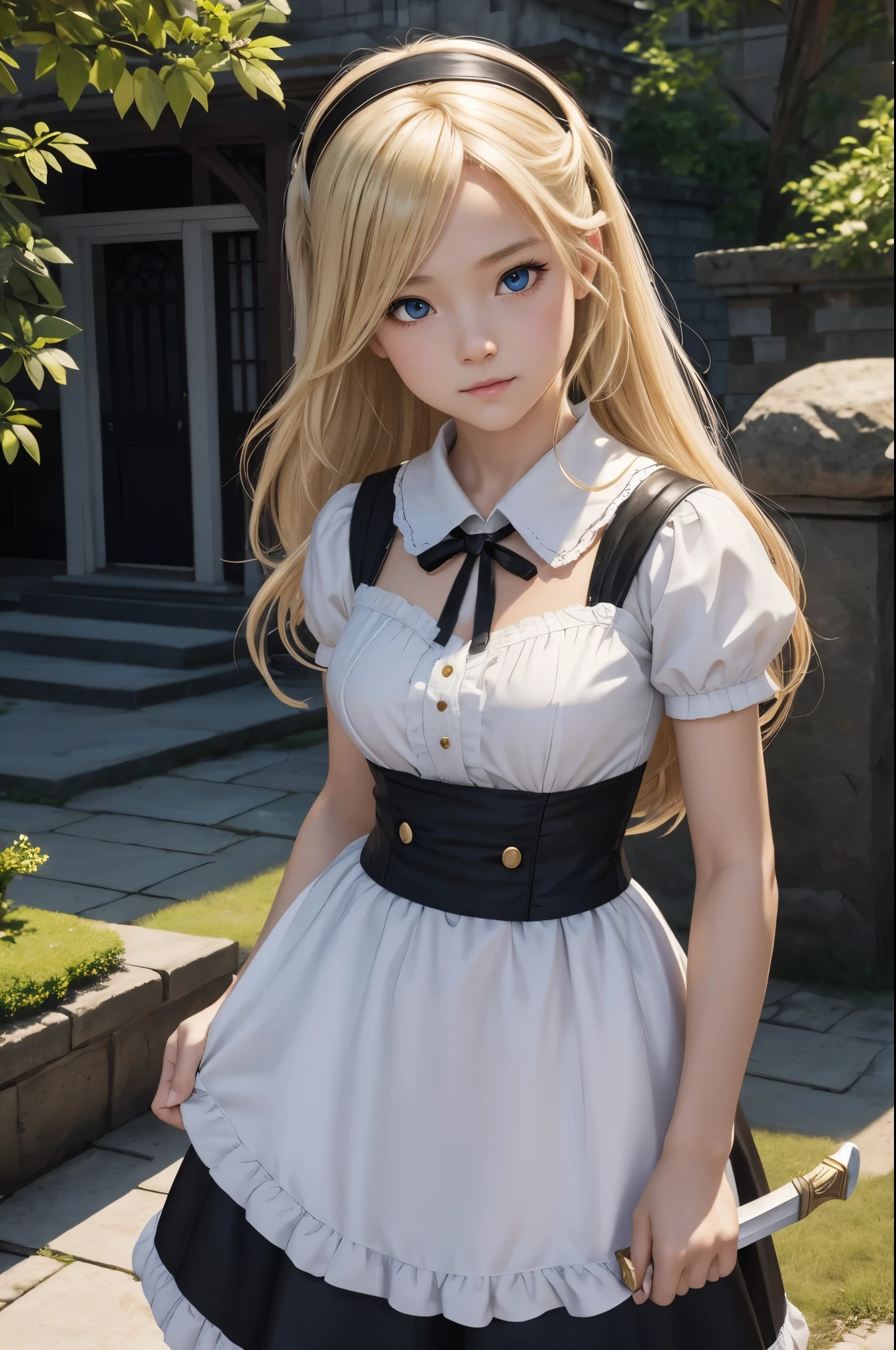 K,14 year old maid girl,very small breasts,Blonde girl in white and black maid dress looking at camera, white and black maid long skirt,Blue eyes,very small breastsのメイド,Super beauty(Like the real thing)realistic 3 d style, very small breastsの美しい乙女, Photorealistic girl rendering, detailed digital art, Fantasyart, 2. 5 D CGIFantasyartワーク, girl with tied blonde hair, Smooth CG art, artwork in the style of guweiz,direct one's gaze toward the viewer,outside the big mansion,tightly closed mouth,Holding a big sword,combat scene,action scene,actionpose,character art,