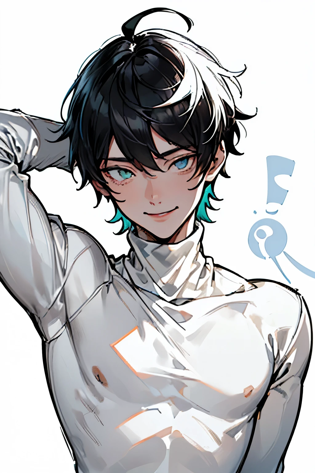 best quality, high resolution, clean background, high contrast, (((1boy:1.1))), line-drawing, sketch, ((tight medium shot))), white background, clean line drawings, (fringe hairstyle), (naughty face), smile face, (((turtleneck))), (((dark-haired)))), (Mashed Hair), ((dark-eyescolor:1.5)), white skin,
