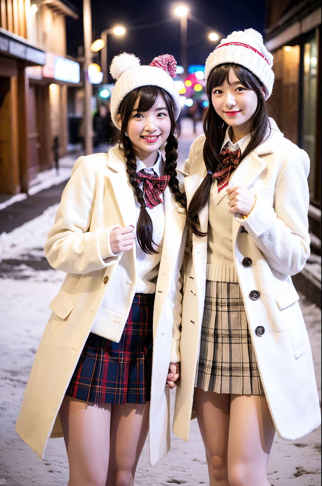 2 girls standing in snowy street at night,long-sleeved white long coat,white shirt with red bow tie,red plaid pleated skirt,knitted hat,white leggings,18-year-old,bangs,a little smile,thighs,crotch,knees,short cut hair,low ponytails