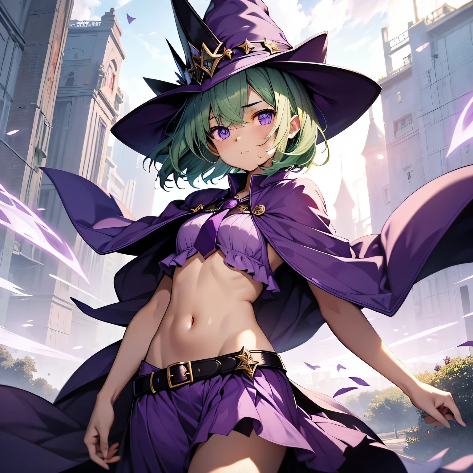 top-quality、extremely delicate and beautiful、(A )、Purple Eye、Green hair、short-haired、(purple witch hat)、Purple tie、Soio、shortsleeves、Purple skirt、Purple Wizard Robe、Navel、Flying in the sky、Dynamism、Empty background、The background is the heavenly world、asa