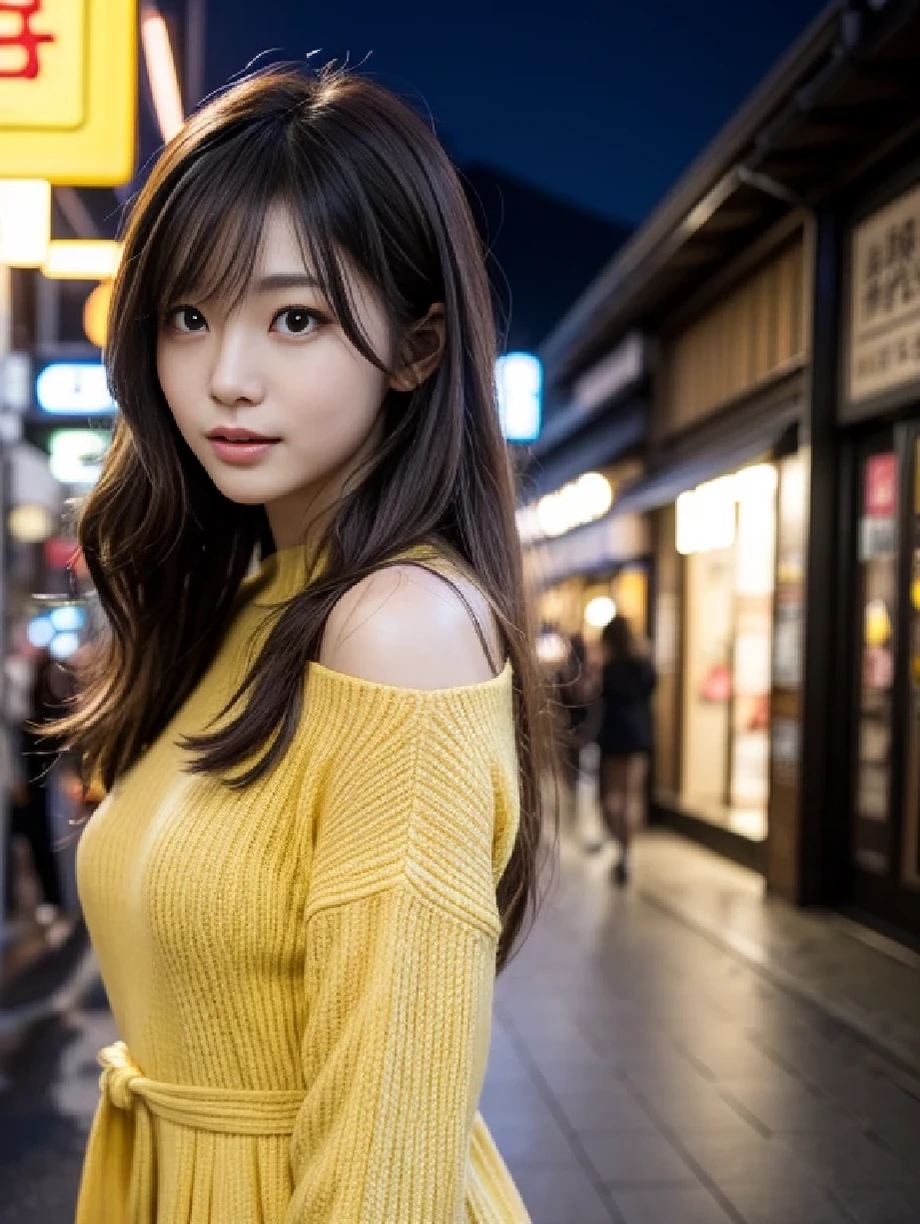 A Japanese woman wearing a yellow dress is taking a photo, [32k hd]^10, advertisement picture, reluvy5213, Kotegawa Yui, けもの, 奈良美智, 1/30, ayami koj ima, shikamimi, nino nakano ,Sexy , infinite halo armor, ​masterpiece、1 beautiful girl、A detailed eye、Puffy eyes、top-quality, 超hight resolution, (Realisticity: 1.4), cinematlic lighting、Asian Beauty、Korea person、Super beauty、Beautiful skin、A slender、The body is facing forward、(A hyper-realistic)、(hight resolution)、(8K)、(ighly detailed)、(美しくA detailed eye)、(ultra-detailliert)、 (wall-)、A detailed face、Bright lighting、profetional lighting、looking at viewert、Facing straight ahead、Black knitwear、oblique bangs、nighttime scene、Brown hair、age19、tall,
