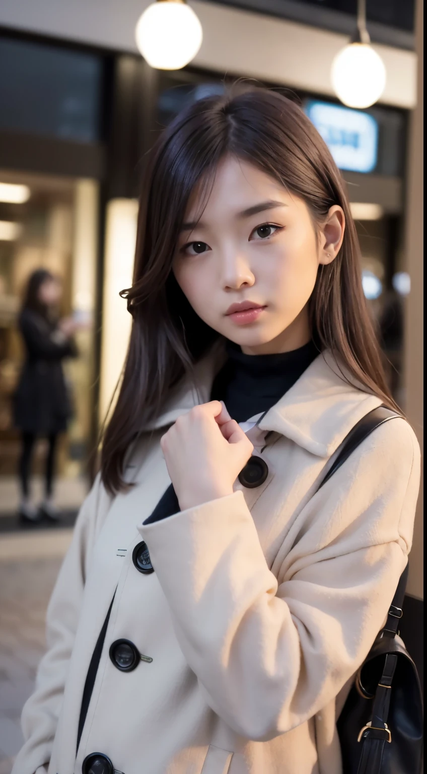 mix4、(8K、Raw photography、top-quality、masterpiece:1.2)、(realisitic、Photorealsitic:1.37)、1girl in、A young woman with a delicate and slender face, gentle brown eyes, Shoulder length is straight、White hair,she seems thoughtful and introverted, Demonstrates delicate expressiveness and deep insight. her appearance is elegant and sophisticated, add an artistic sensibility. she is a barista, we are meeting outside a large building.、Night view、Wearing a long khaki coat