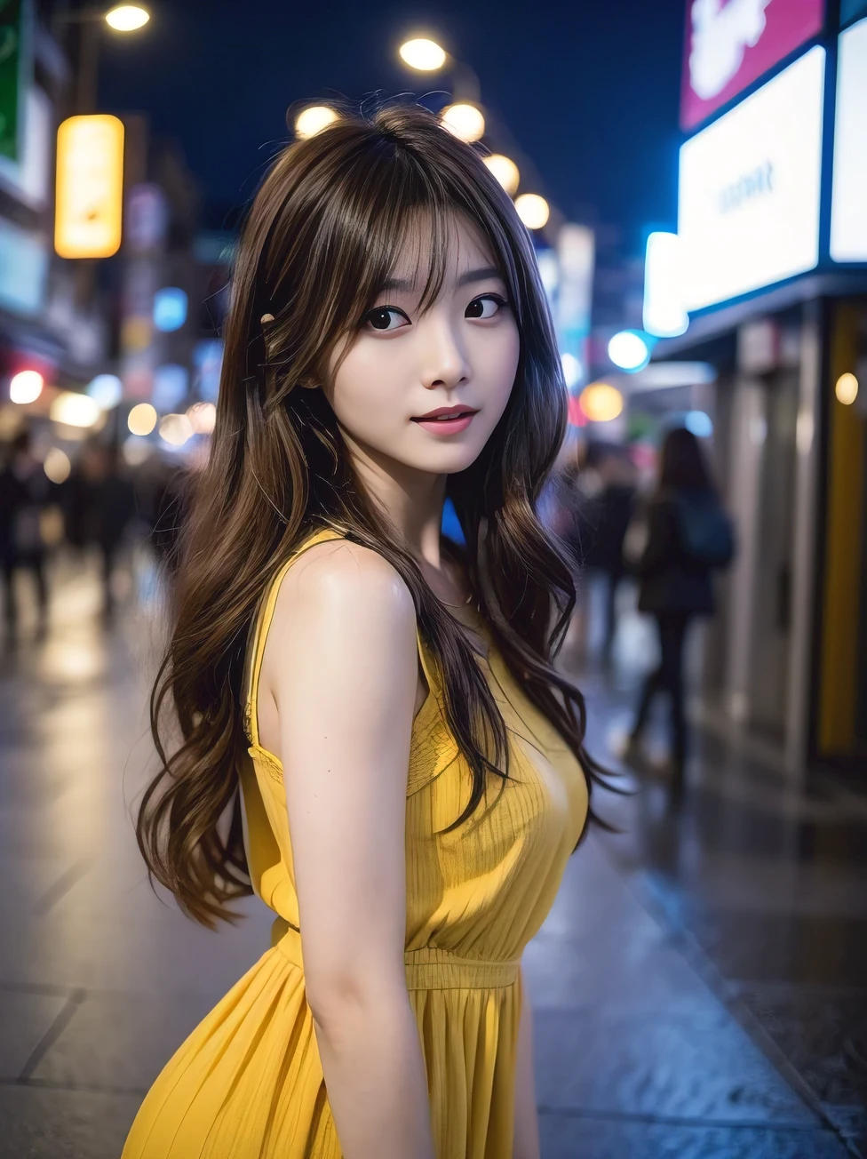 A Japanese woman wearing a yellow dress is taking a photo, [32k hd]^10, advertisement picture, reluvy5213, Kotegawa Yui, けもの, 奈良美智, 1/30, ayami koj ima, shikamimi, nino nakano ,Sexy , infinite halo armor, ​masterpiece、1 beautiful girl、A detailed eye、Puffy eyes、top-quality, 超hight resolution, (Realisticity: 1.4), cinematlic lighting、Asian Beauty、Korea person、Super beauty、Beautiful skin、A slender、The body is facing forward、(A hyper-realistic)、(hight resolution)、(8K)、(ighly detailed)、(美しくA detailed eye)、(ultra-detailliert)、 (wall-)、A detailed face、Bright lighting、profetional lighting、looking at viewert、Facing straight ahead、Black knitwear、oblique bangs、nighttime scene、Brown hair、age19、tall,