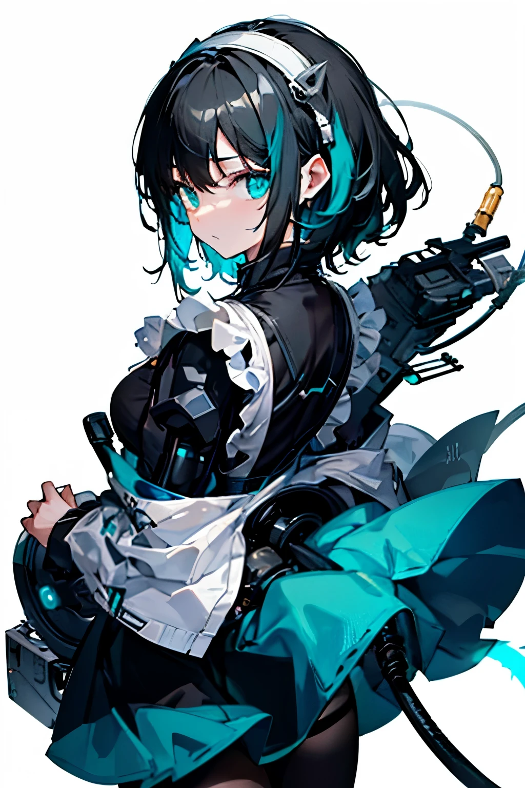 black hairband, cable, cable tail, cropped legs, cyborg, from behind, hair behind ear, hairband, looking back, mechanical arms, mechanical tail, science fiction, shoulder blades, solo, surprised, best quality, amazing quality, very aesthetic, absurdres, (masutepiece:1.2, Best Quality), [1 girl in, expressioness, (Turquoise eyes:1.3), front facing, jet-black hair, half short hair,straight hair, Jacket is taken off, Cafe Apron,] (Gray white background:1.3),