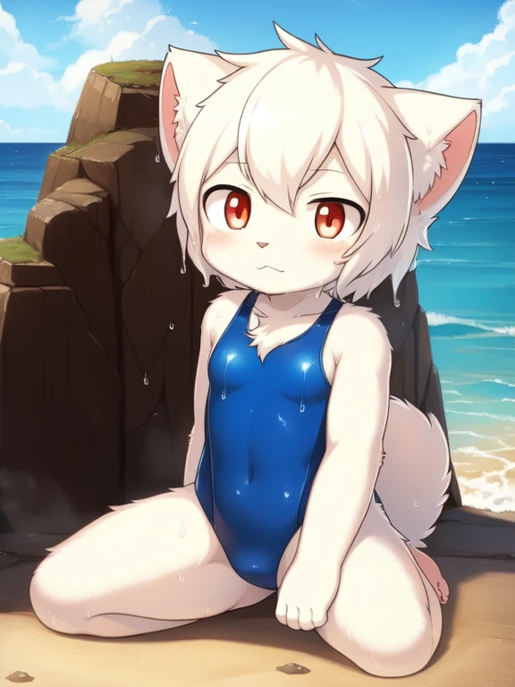 white cat, Alone, External, Red pupils,, (wet fur:1.4), detailed hair, young white cat，Blue and yellow gradient one-piece swimsuit,Firmware version, furry anime, Realistic anime cat, Bragon, very cute face, face flushed, Playful, young, detailedbackground, Detailed fanart, pixiv, digitial painting, tmasterpiece, high high quality, A high resolution，knelt on the beach