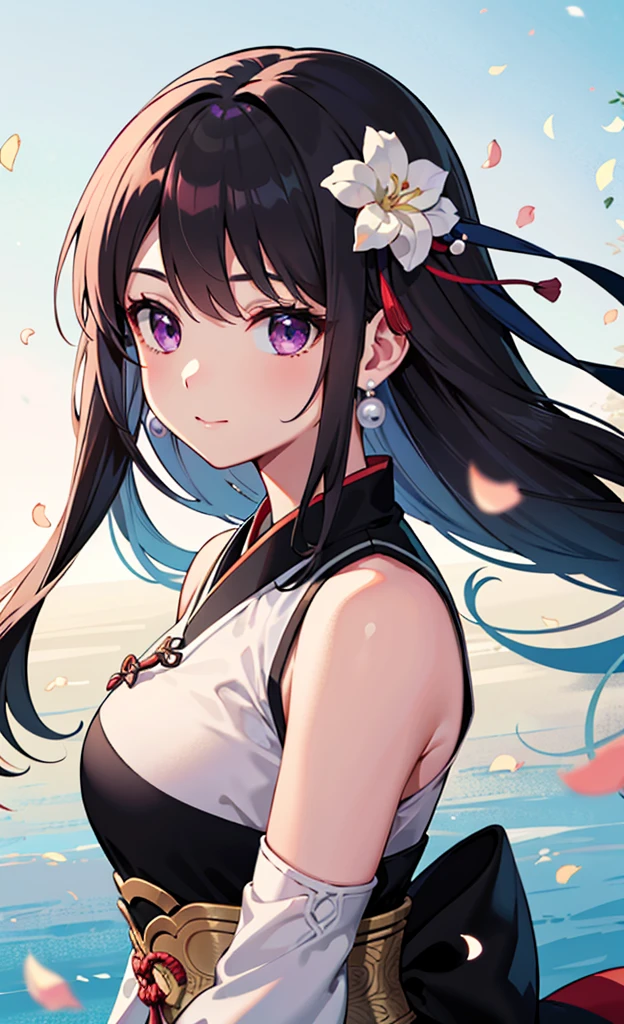 Gentle girl, purple eyes, black hair color, floating hair, delicate and flexible eyes, intricate damask hanfu, gorgeous accessories, wearing pearl earrings, FOV, f/1.8, masterpiece, ancient Chinese architecture, blue sky, flower petals flying, front portrait shot, Chang'e, side light, sunlight shining on people, 8K