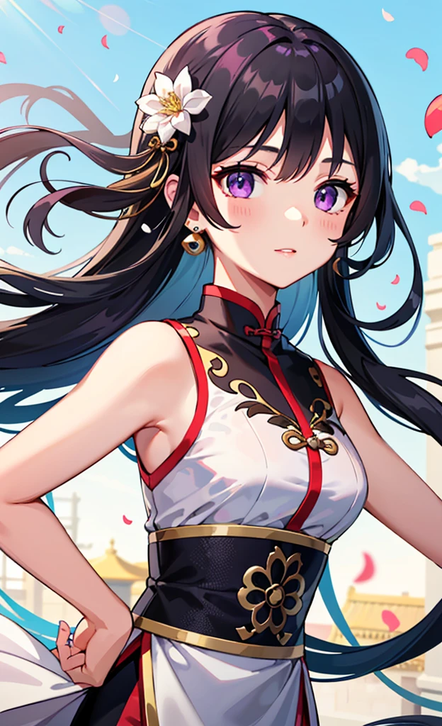 Gentle girl, purple eyes, black hair color, floating hair, delicate and flexible eyes, intricate damask hanfu, gorgeous accessories, wearing pearl earrings, FOV, f/1.8, masterpiece, ancient Chinese architecture, blue sky, flower petals flying, front portrait shot, Chang'e, side light, sunlight shining on people, 8K