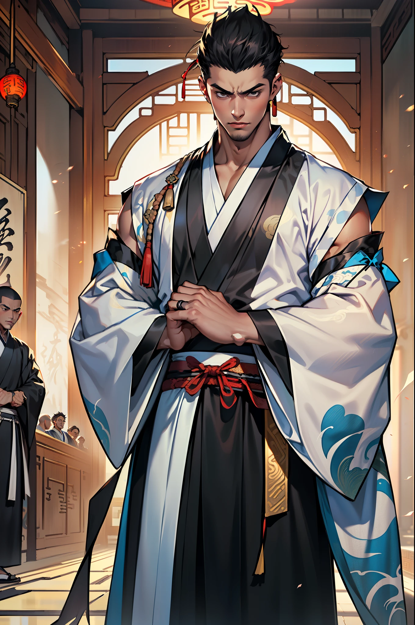 19, (1人) ( (((1boys))),(((A boy with))).(((black cloathlack Hanfu youth)),((black clothes no hair))), King Air, a gorgeous, Handsome, Outstanding temperament, Realize you made a mistake) (Background with: in the sacred, The splendid ancient Chinese palace hall).