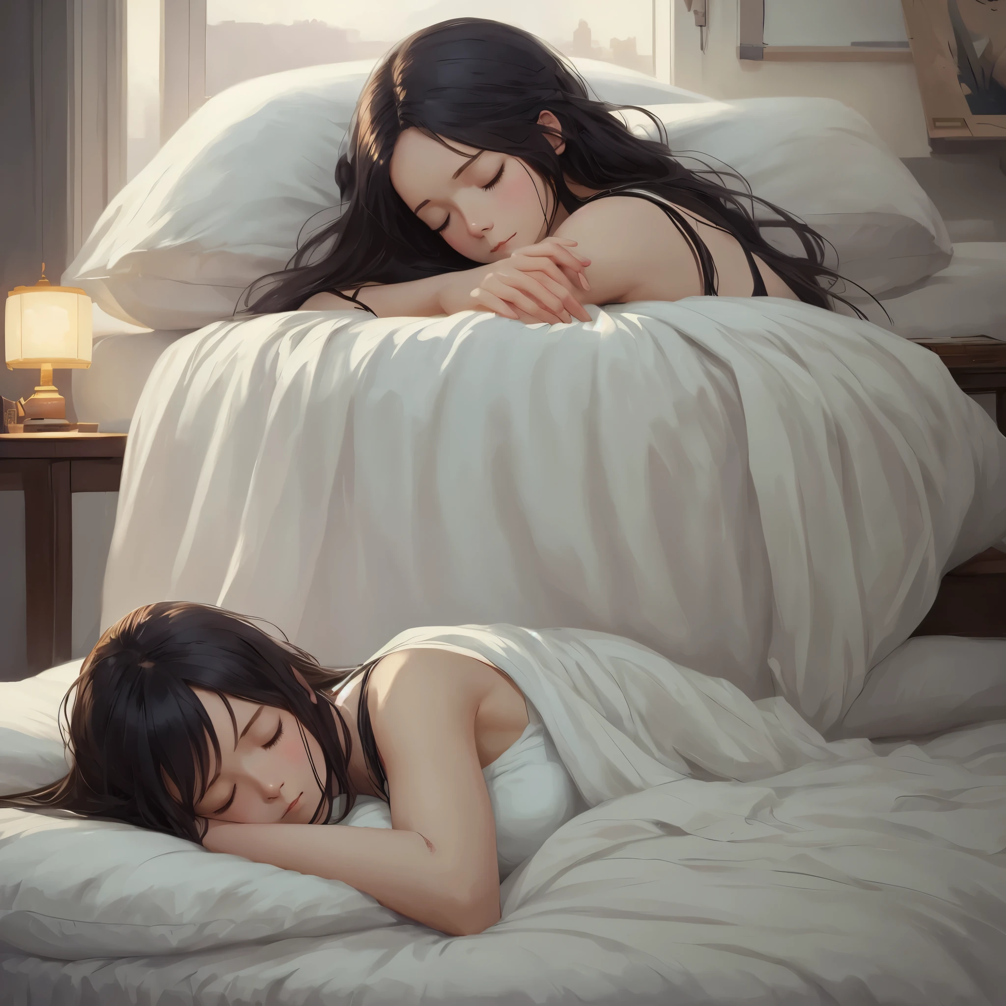 There is a woman sleeping on a bed with white sheets, soft digital painting, Soft illustration, Guweiz style artwork, serene illustration, blurry and Dream illustration, calm evening. Digital illustration, Realistic cute girl painting, Realistic digital painting, Painted in the painter's studio, Realistic illustration, Realistic art style, Dream illustration, lovely digital painting