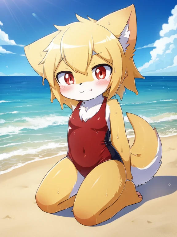 catss, Alone, External, Red pupils,, (wet fur:1.4), detailed hair, young 白catslue and yellow gradient one-piece swimsuit,Firmware version, furry anime, 现实的动漫catss, Bragon, very cute face, face flushed, Playful, young, detailedbackground, Detailed fanart, pixiv, digitial painting, tmasterpiece, high high quality, A high resolution，knelt on the beach