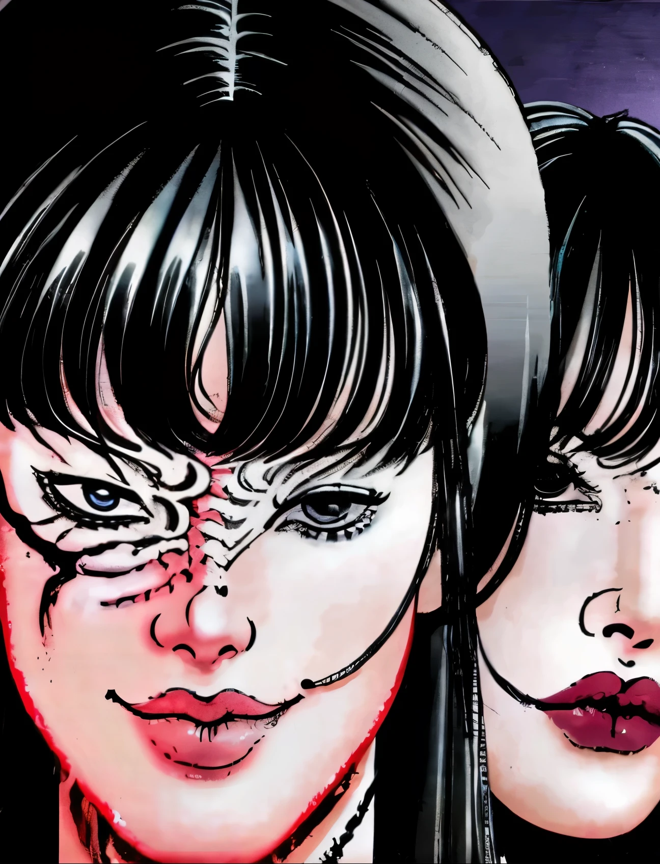 Cartoon illustrations by Junji Ito, Close-up of a woman with two faces joined together,  The first black cat demon face had only the whites of its eyes.. The second face was normal beautiful and smiled evilly