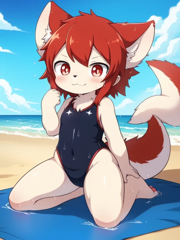 catss, Alone, External, Red pupils,, (wet fur:1.4), detailed hair, young 白catss,one piece swimsuit,Firmware version, furry anime, 现实的动漫catss, Bragon, very cute face, face flushed, Playful, young, detailedbackground, Detailed fanart, pixiv, digitial painting, tmasterpiece, high high quality, A high resolution,knelt on the beach